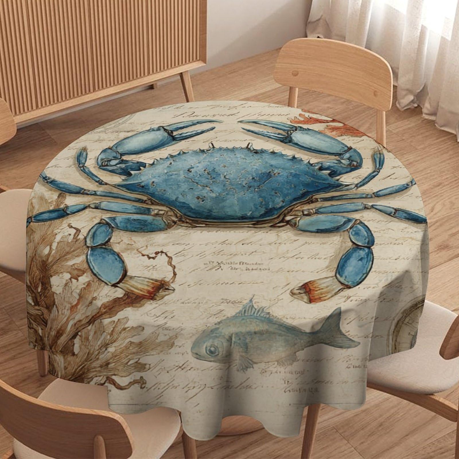 LUYYSKY Beautiful Vintage Blue Crab Round Tablecloth Mid Century Classic Nautical Ocean Animal Crab Coral Compass Washable Decor for Table Cover for Kitchen-91.4" Wx91.4 L cm