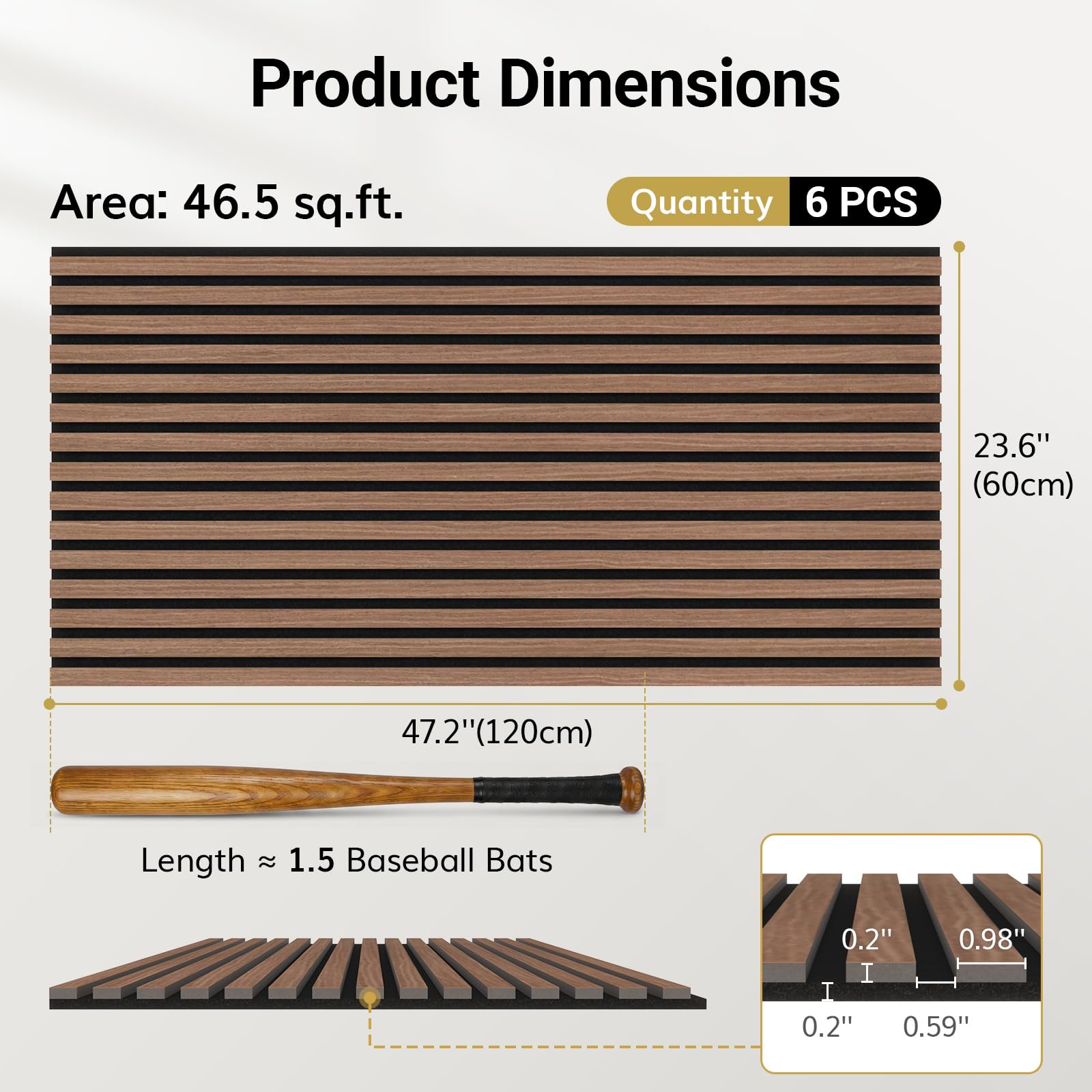 TONOR Drewniane panele akustyczne, 6 sztuk, 120 x 60 cm – 4,32 m², panele ścienne, drewniane panele ścienne, panele chroniące przed hałasem, okładzina ścienna, wygląd drewna, do dekoracji ścian do