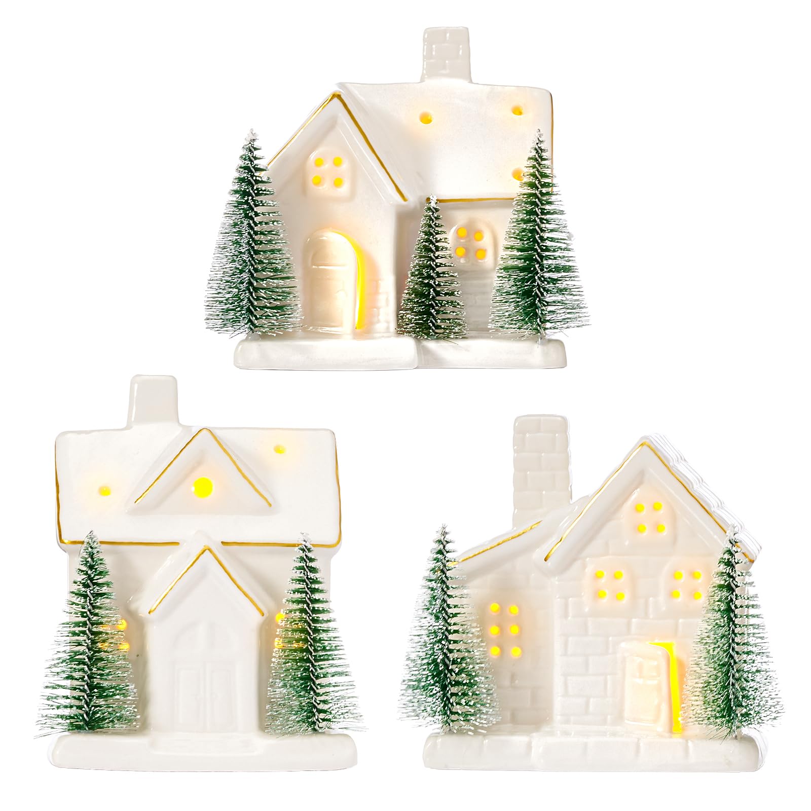 WDS WONDROUS Decoraciones de Navidad iluminadas para casa de pueblo, 3 piezas de cerámica blanca de invierno y árboles de Navidad esmerilados con luces, juego de casas de ciudad de Xams de porcelana
