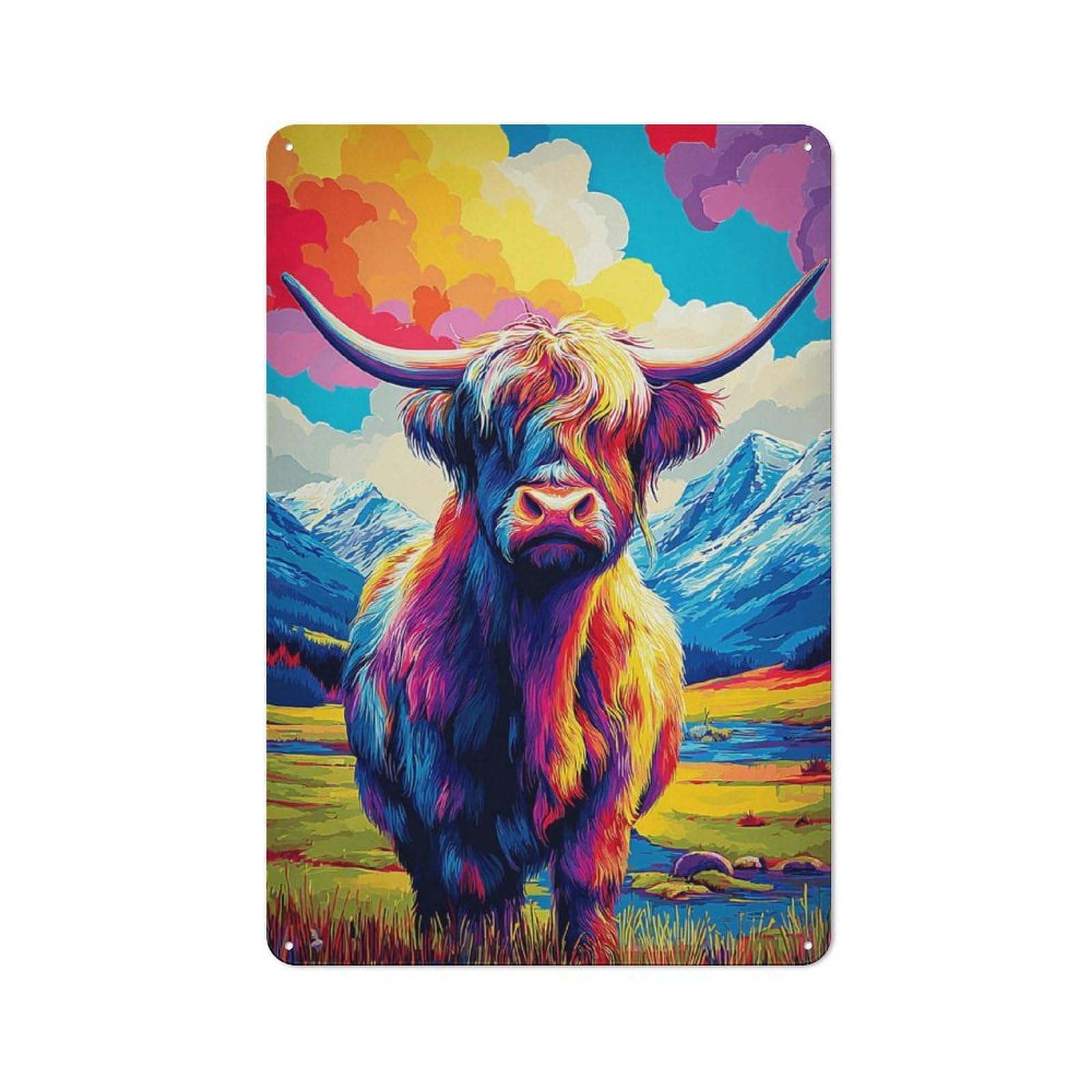 Junmoney Colorful Highland Cow Landscape Tin Wall Plaque 30X20cm With For Home Bar Wall, For Hosts Who Enjoy Retro Interiors