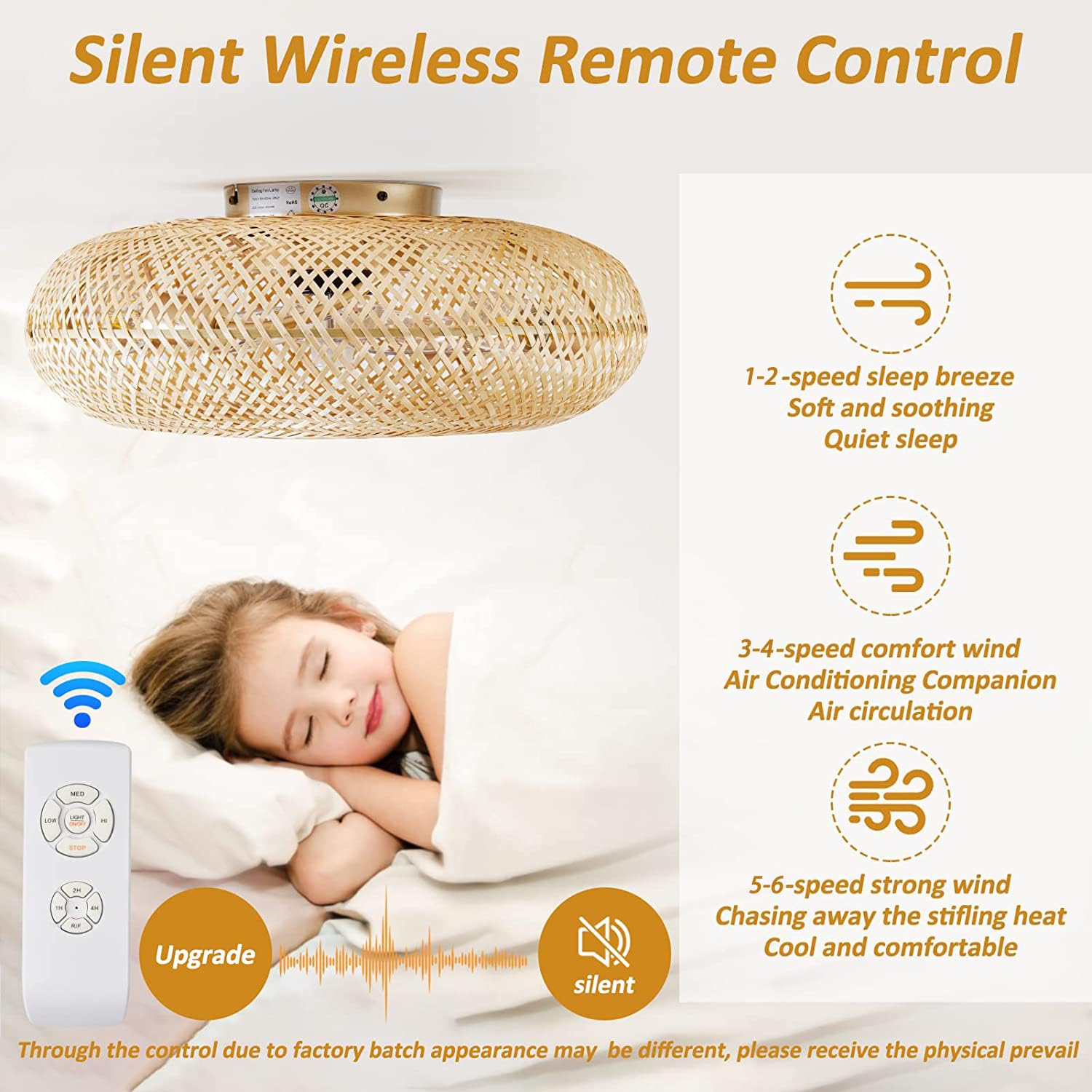 Ventilateur de Plafond Rétro E27 avec Lumière et Télécommande Silencieux Tissage Bambou Rotin Naturel pour Salon Chambre