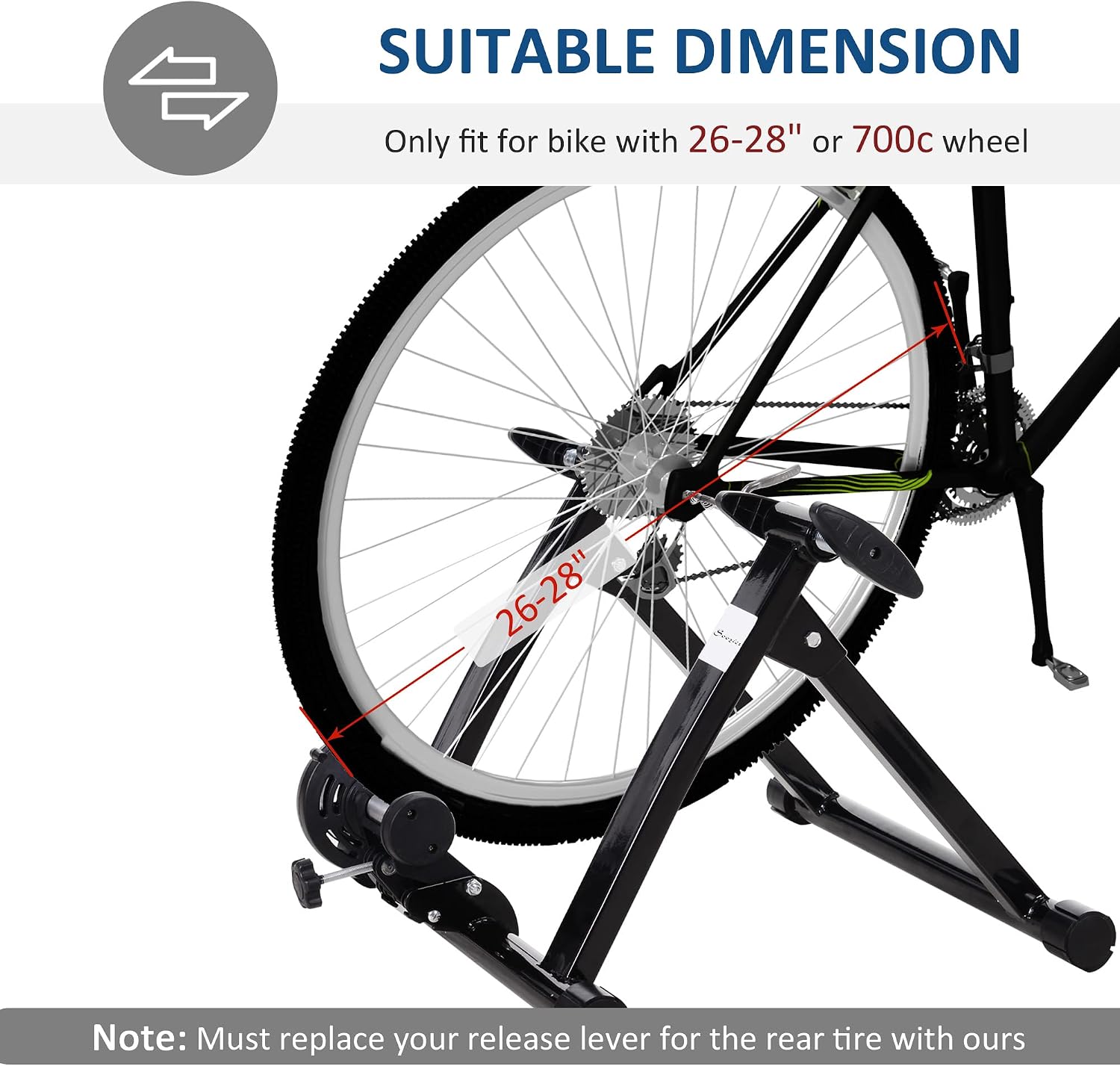 Bicycle rear wheel mounted on the trainer, showing the resistance roller contact and the front wheel on a riser block