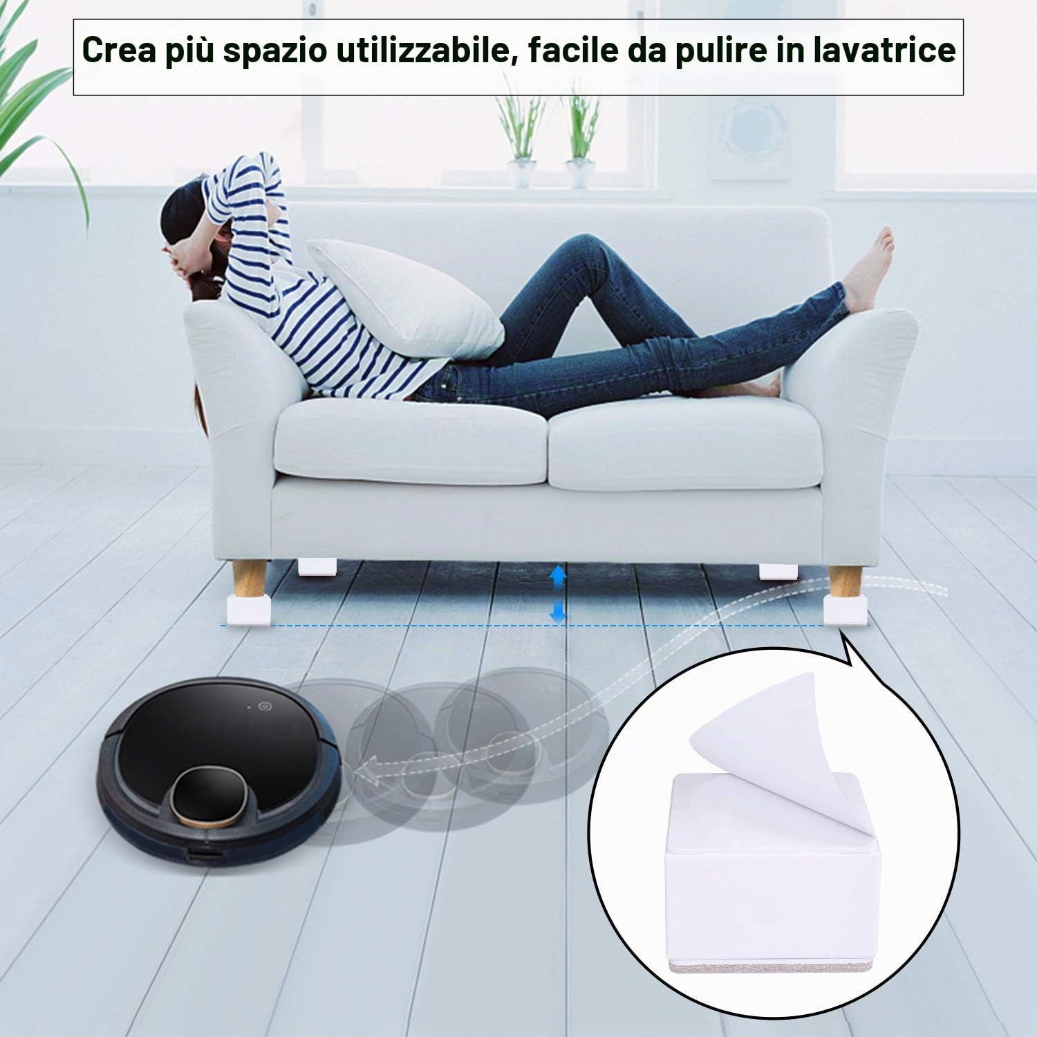 Ezprotekt Alzata per Mobili 5 cm in Acciaio, Diametro 3.15", Alzate Autoadesive per Mobili Resistenti, Aggiunge 2" di Altezza ai Letti, Divani e Armadi, Supporta 3000 Ibs, Quadrato Bianca