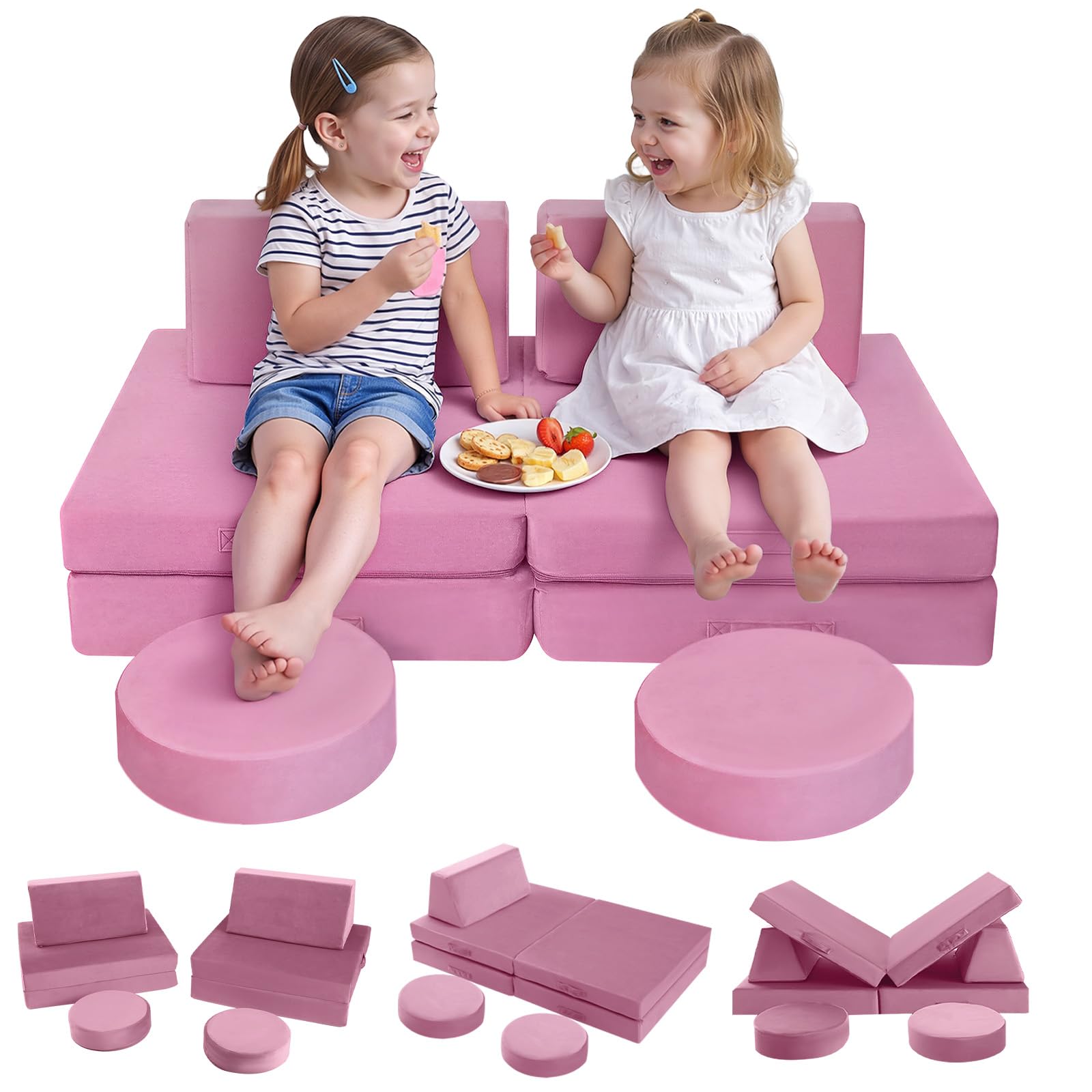 MeMoreCool Kids Play Sofa Bed, Modular Toddler Armchair Couch Chair for Bedroom Playroom, 8-Piece Fold Out Couch Play Set, Creative Baby Couch Children Convertible Sofa, Pink