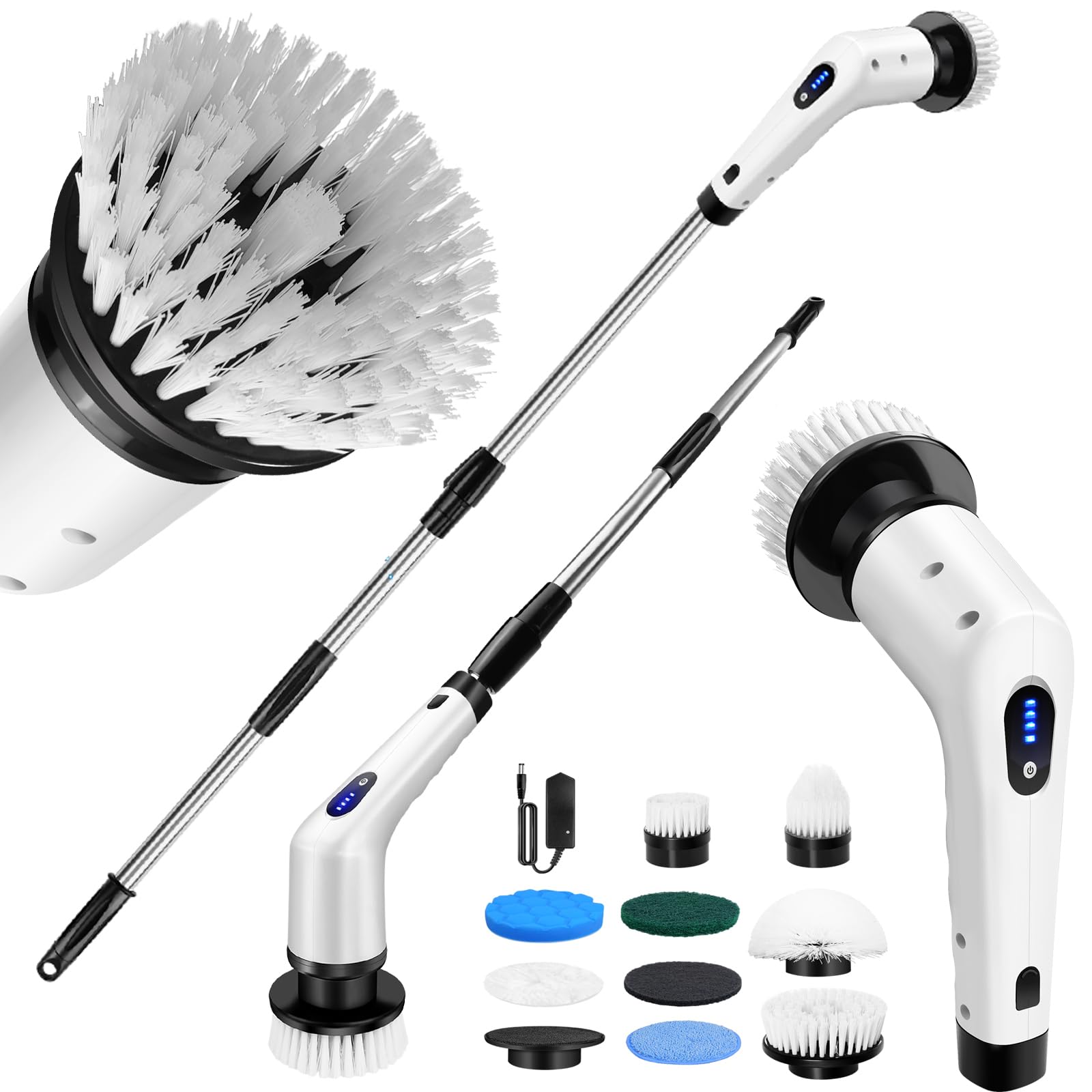 9 in 1 Electric Spin Scrubber, Electric Rotating Cleaning Brush with 9 Replaceable Brush Heads, Extendable Handle, 2 Rotating Speeds, Power Vibrating Cordless Cleaner, for Bathroom Shower Kitchen