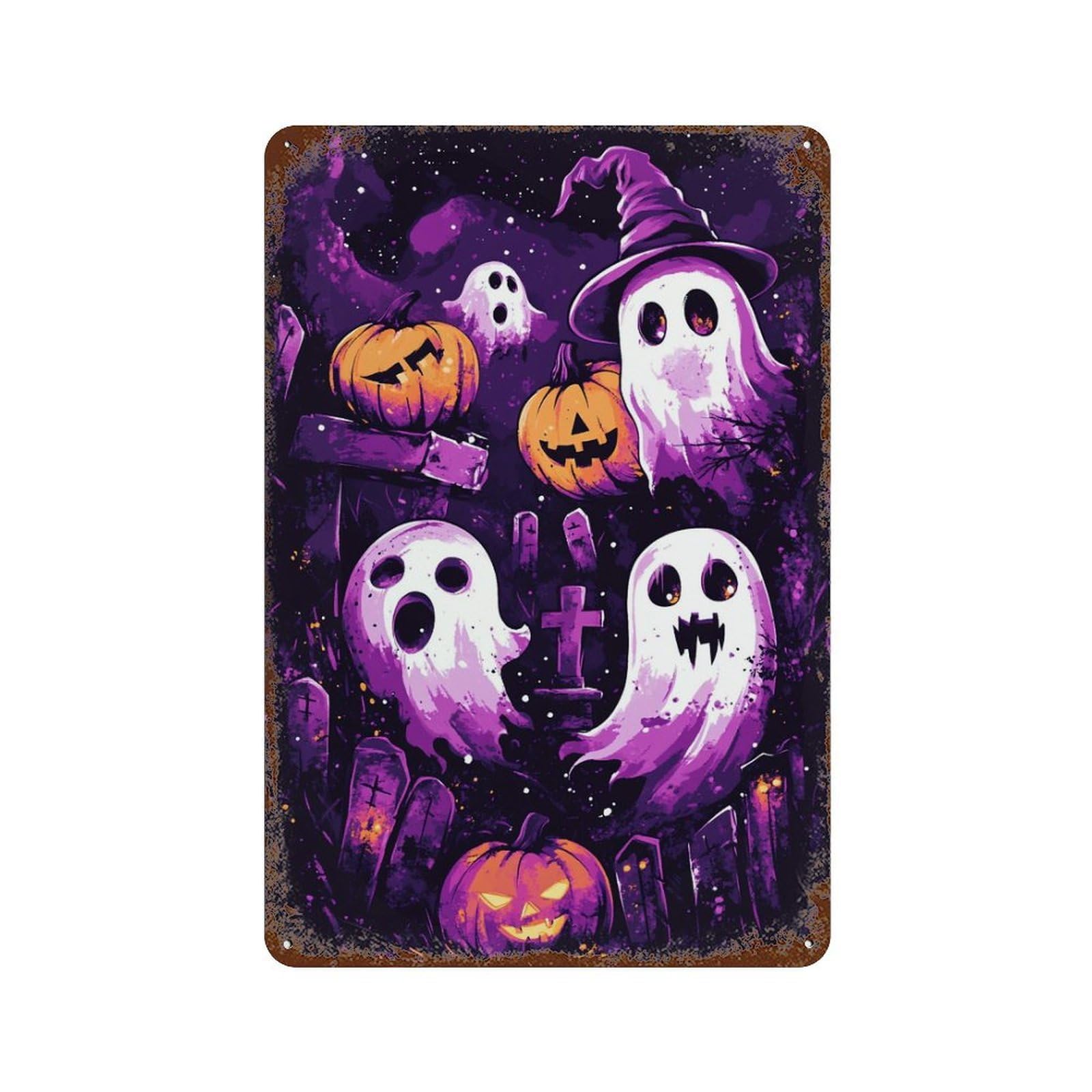 Halloween Ghosts And Pumpkins-2 Weathered Tin Sign 11.8"x7.9", Rustic Home Decor for Garage, Bar And Workshop Decor