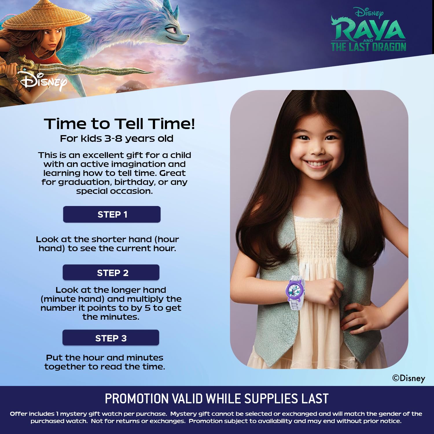 Disney Raya and The Last Dragon Orologio per bambini dai 3 ai 7 anni con quadrante con personaggi magici - Ottimo regalo per i giovani fan - Quadrante di facile lettura, lunetta viola e cinturino in