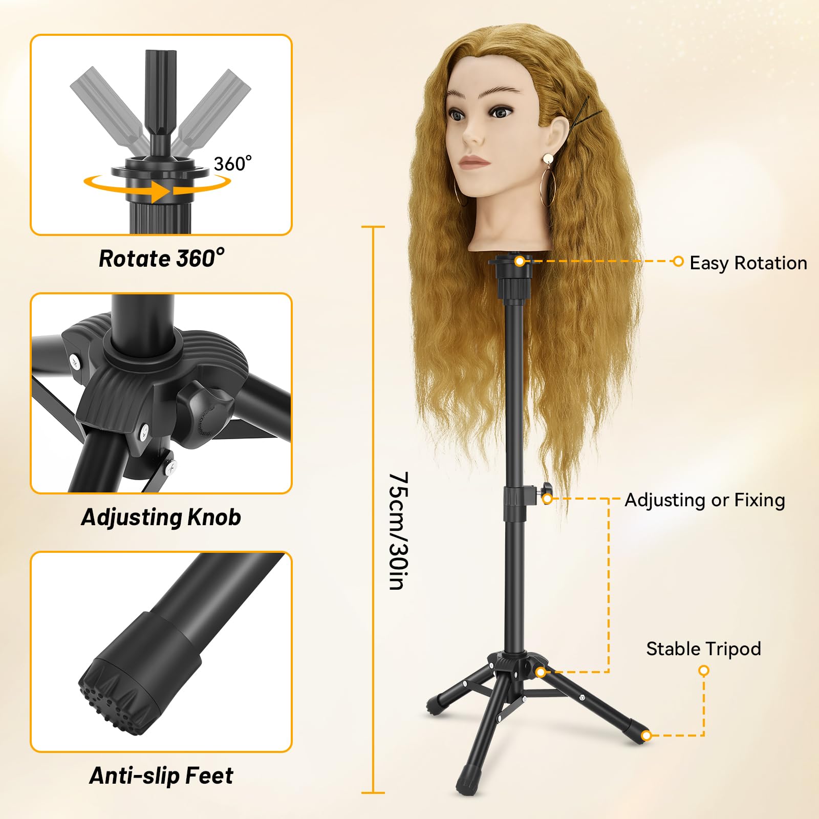 Frisierkopf Echthaar 61cm/24inch mit Stativ und Tischklemme Halter, Friseur-Werkzeug-Set