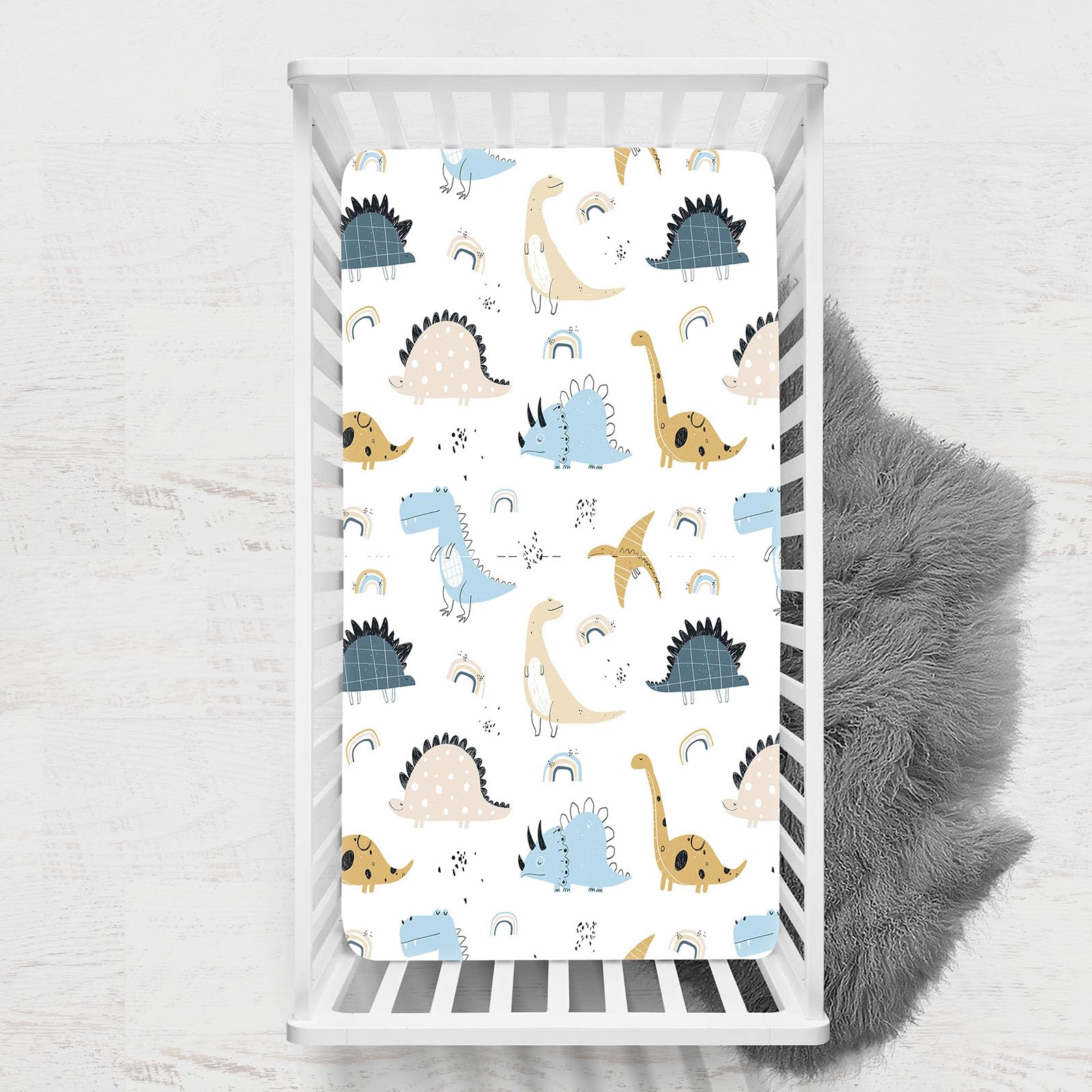 Odot Cot Bed Sheets, Dinosaur Print Bedside Cribs Fitted Sheets, Baby Bed Sheets Microfiber Cot Bed Mattress Protector, Bassinet Sheets, Easy Care Soft and Dureable (Rainbow,100x135 cm)