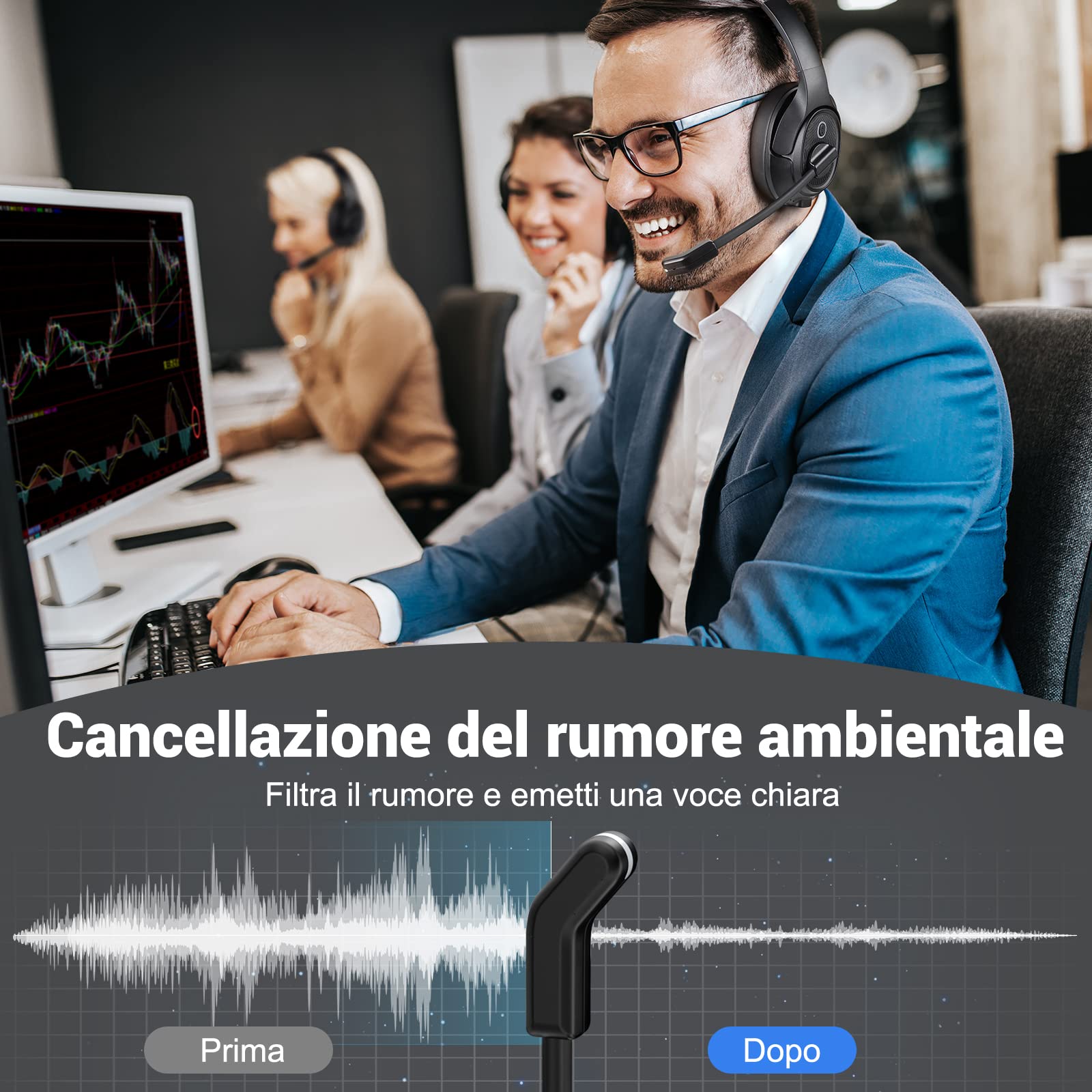 EKSA Cuffie Bluetooth con microfono & Adattatore USB, 55 Ore Di Riproduzione e 10 metri di Portata, Over Ear Cuffia Wireless Pc per Lavoro/Ufficio/Casa/Team/Zoom