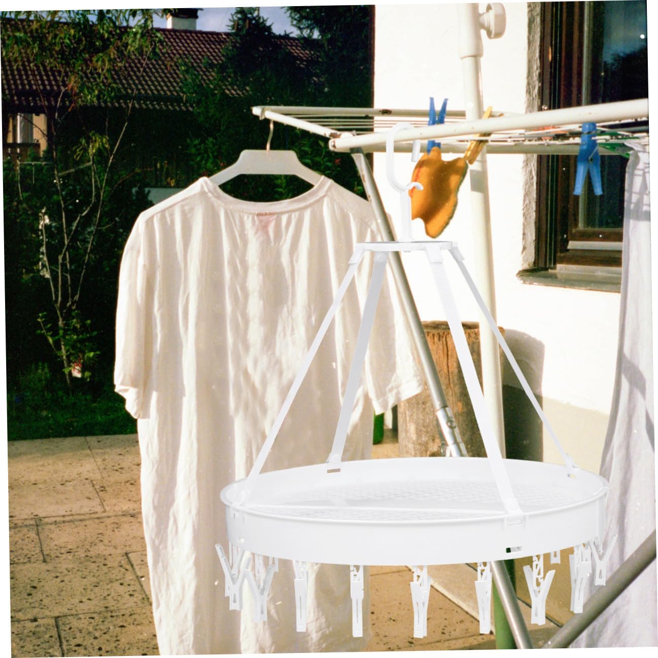 Foldable Clothes Drying Hanger with 18 Clips, Single-Layer White Socks and Underwear Drying Rack for Balcony Use, Windproof Laundry Storage Solution