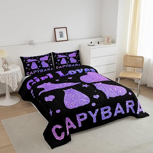 Miniatura 2 de Feelyou Juego de edredón de dibujos animados de Capybara, tamaño individual con 1 funda de almohada, juego de ropa de cama con estampado de