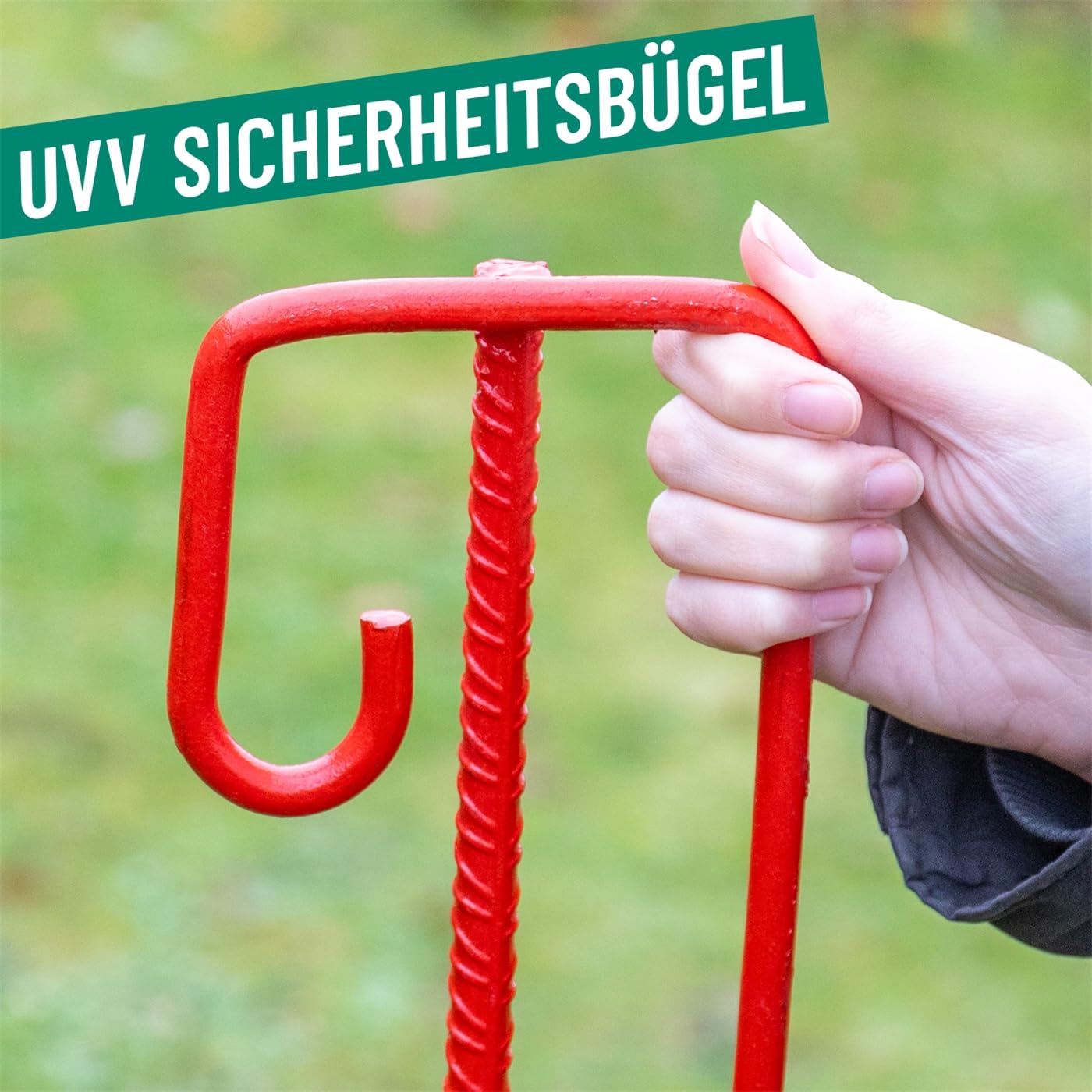 VOSS.farming 10x Laterneneisen, Pfahl mit UVV-Sicherheitsbügel, Halter für Absperrband, Ø12mm Riffelstahl, 145cm Länge, rot lackiert