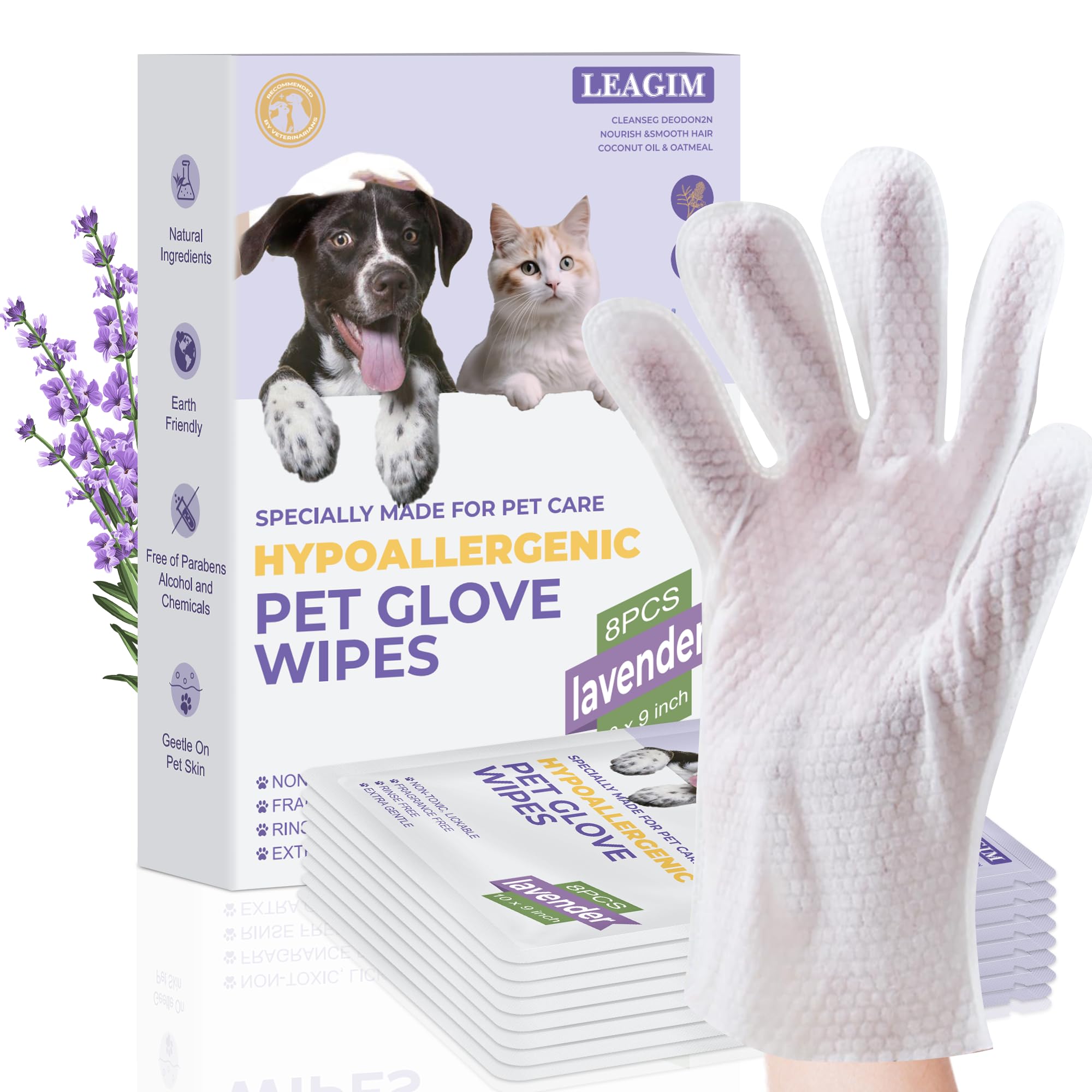 Pet Cleaning Glove Bathing Wipes for Dogs and Cats, Hypoallergenic Deodorizing No-Rinse Grooming Wipes for Paws, Body, and Butt, Perfect for Cat Dry