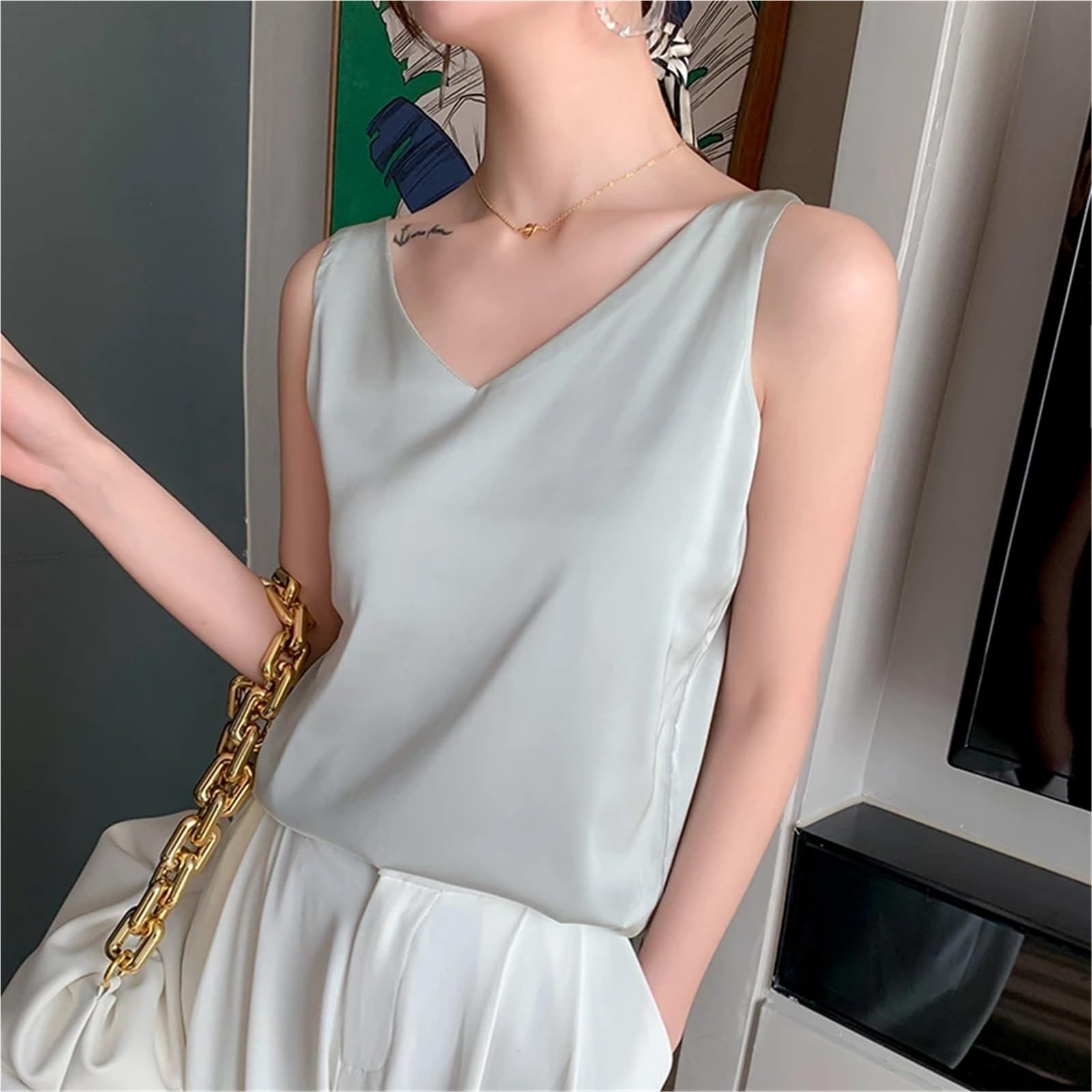 Top de Camisola de Seda Ropa Interior for Mujer, de Seda, con Tirantes y Escote en V, Lisa, combinable Todo, satén, Holgada, Fina, sin Mangas para IR al Trabajo