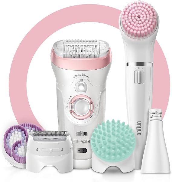 Braun Silk-épil 9-in-1 Hair Removal & Beauty Set, Waterproof, White/Pink, Includes Facial Epilator, Lady Shaver, Trimmer, Exfoliator, Cleansing Brush