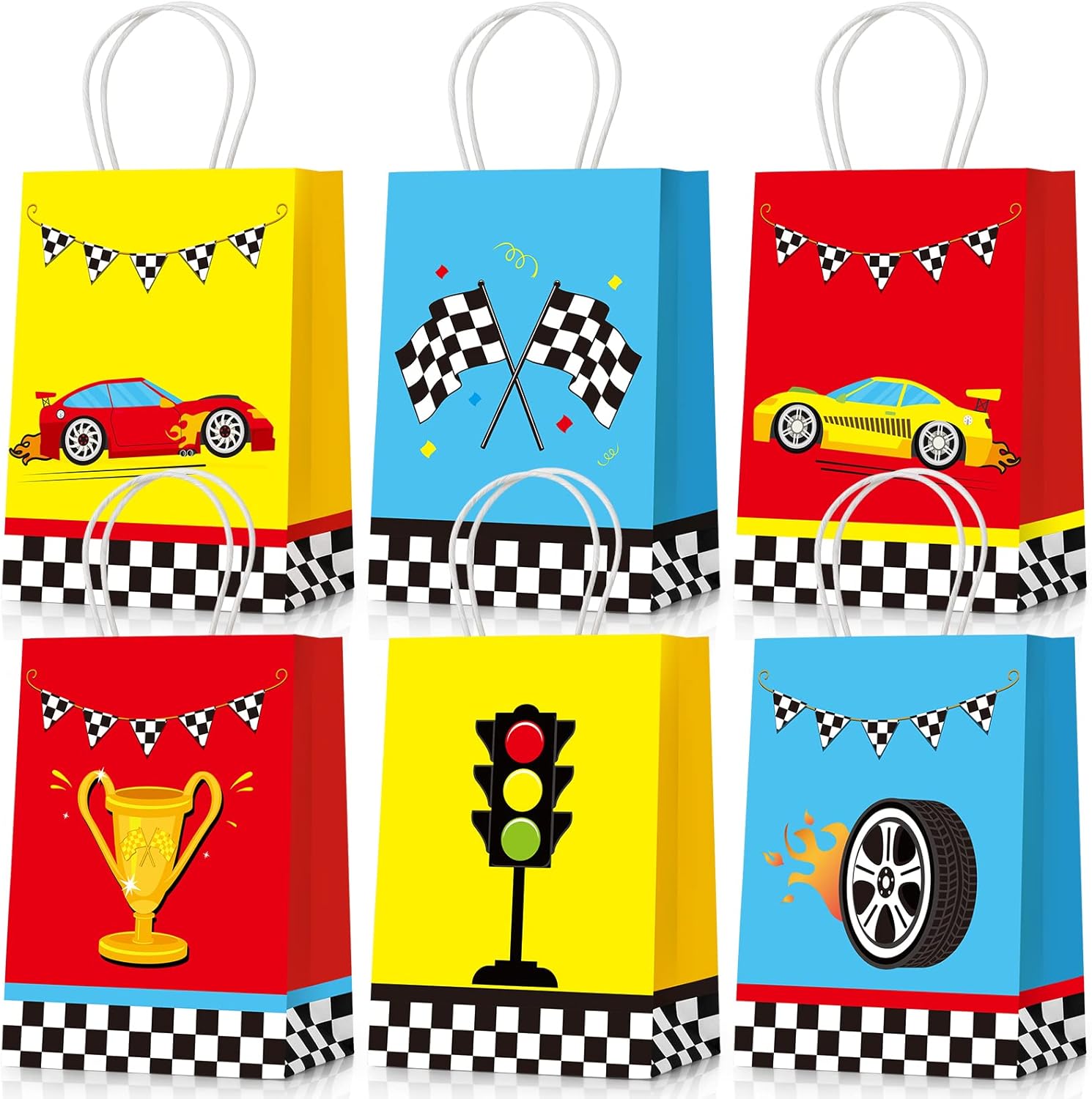 Nezyo 24 Pieces Race Car Party Favor Bags Car Birthday Party Supplies Goodie Gift Treat Bags with Handles for Checkered Flag Race Theme Two Fast Birthday Decorations Boy Gifts 24 Count (Pack of 1)