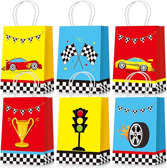 Nezyo 24 Pieces Race Car Party Bags Race Car Party Supplies Goodie Gift Bags Treat Bags with Handles for Checkered Flag Birthday Race Car Theme Party Decorations Boy Gifts