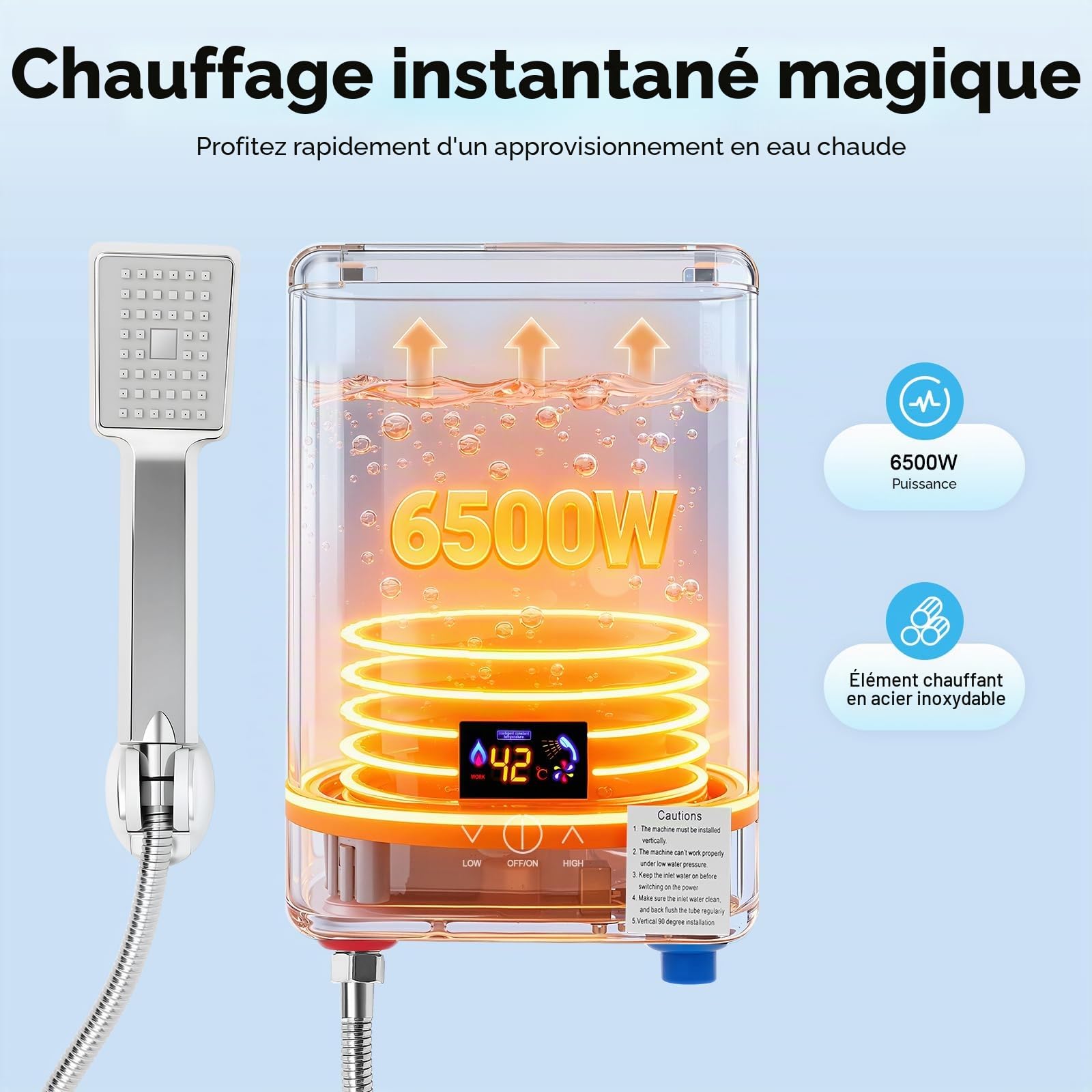 Chauffe-eau instantané, mini chauffe-eau électronique AC220V 6500W avec pommeau de douche, température 30-55℃, chauffe-eau de douche sans réservoir pour cuisines, salles de bains, restaurants