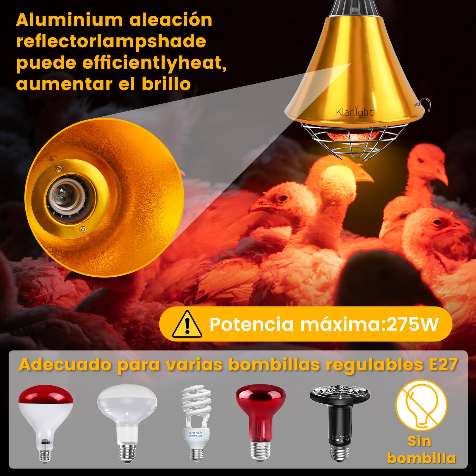Klarlight Calefactora Infrarrojo Regulable, Reflector con Rejilla Protectora, 2m de Cable, Max. 275W, Calentador para Casas de Cachorros, Pollitos y Cerdos (Sin Bombilla)