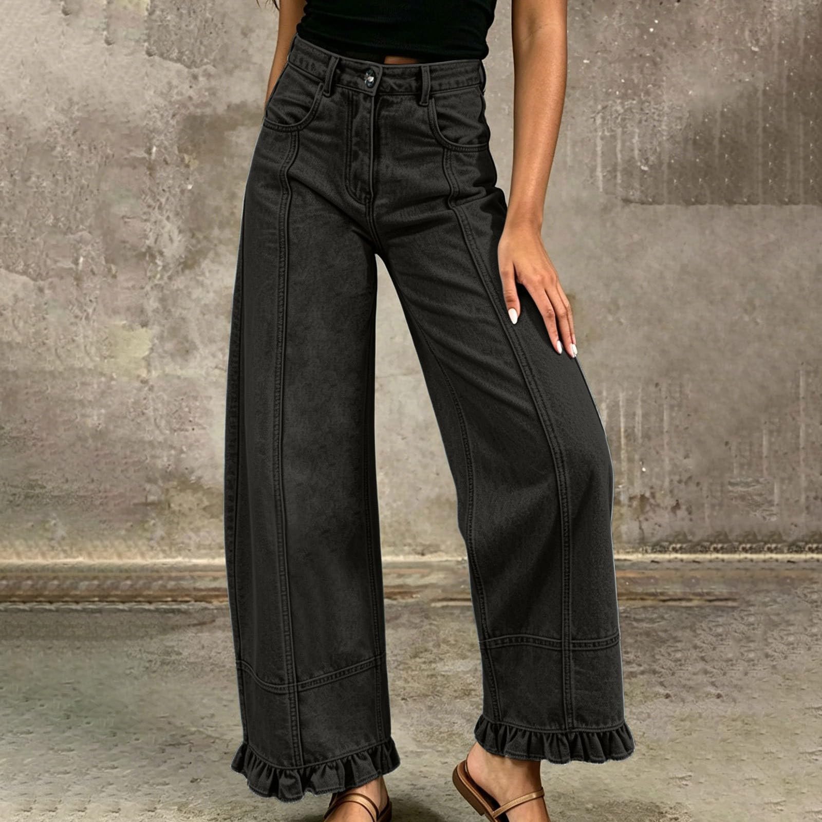 Jeans da donna taglie forti, jeans da donna a vita alta, gamba larga | Eleganti pantaloni in denim con volant, stile patchwork, stile Harajuku, per il tempo libero, per adolescenti e ragazze