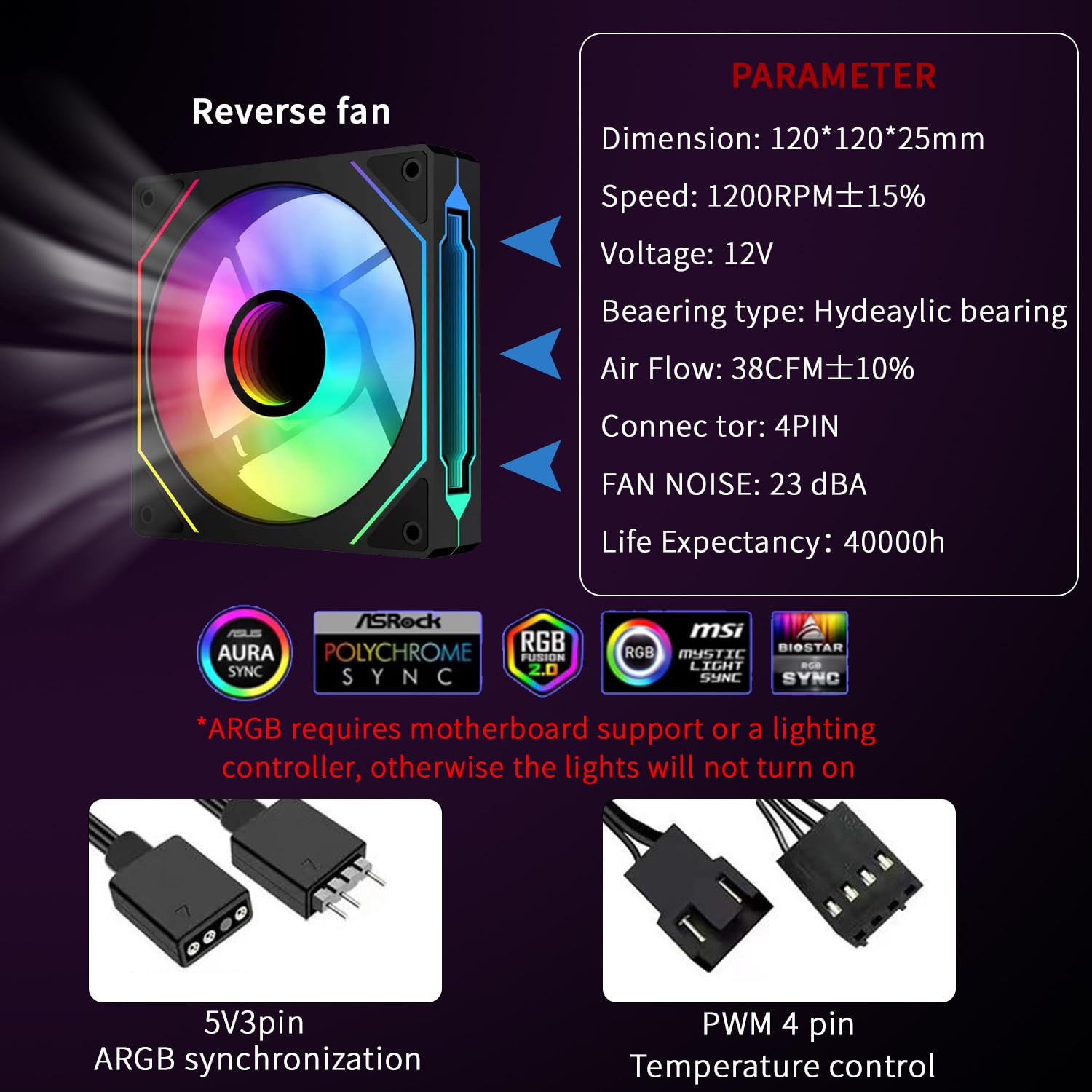 QUMOX Ventola inversa da 120 mm, ventole per case con design a specchio infinito, controllo PWM ed effetto ARGB, funzionamento silenzioso (confezioni da 3) Ventola di aspirazione dell'aria