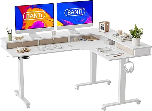 Miniatura 24 de BANTI Triple Motors - Escritorio eléctrico en forma de L, escritorio de pie de altura ajustable de 63 pulgadas, escritorio de oficina en casa con