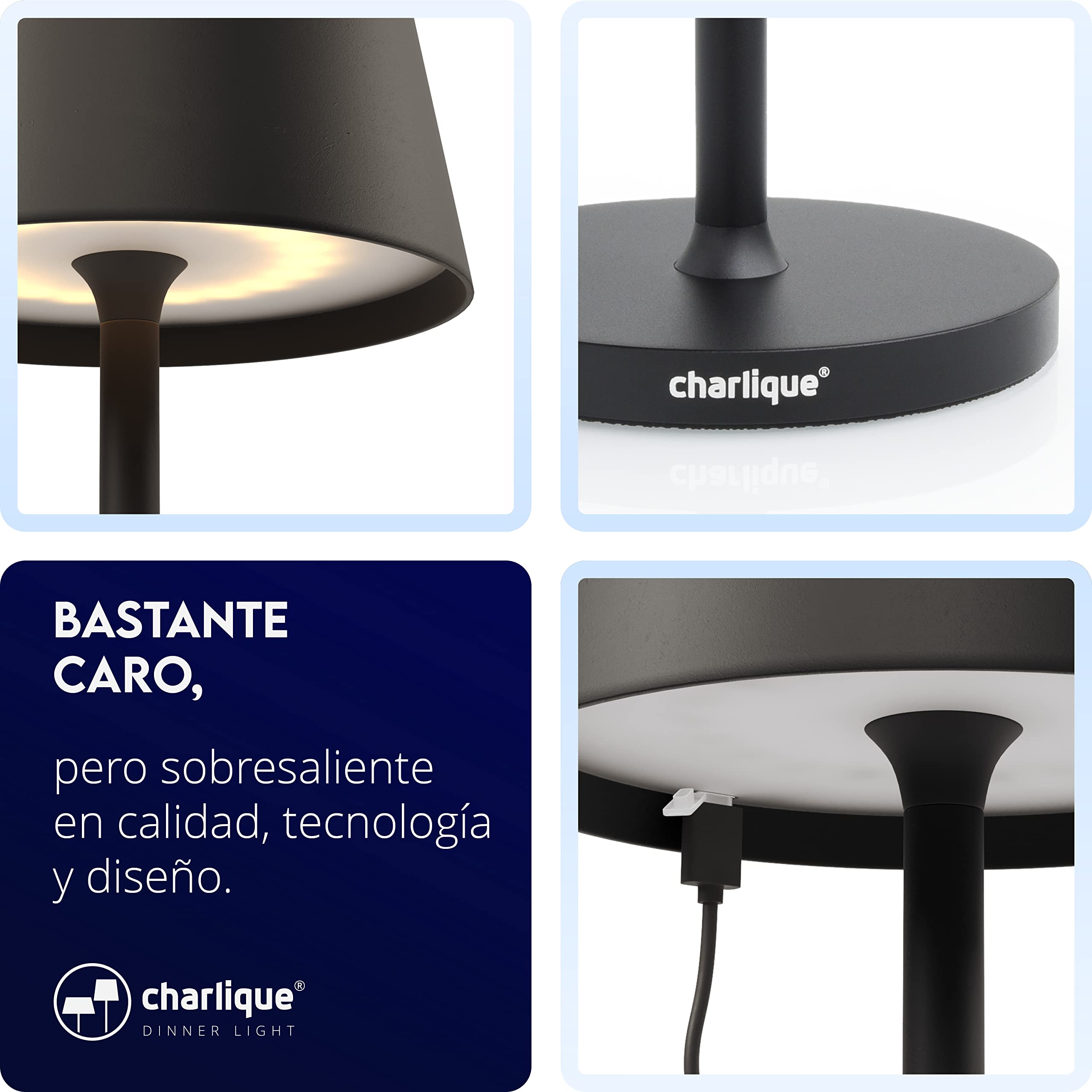 Dinner Light mini (2 piezas) pequeña Lámpara mesa LED recargable en color negro, regulable sin niveles, con batería extrafuerte, carga por USB, efecto de luz blanca cálida