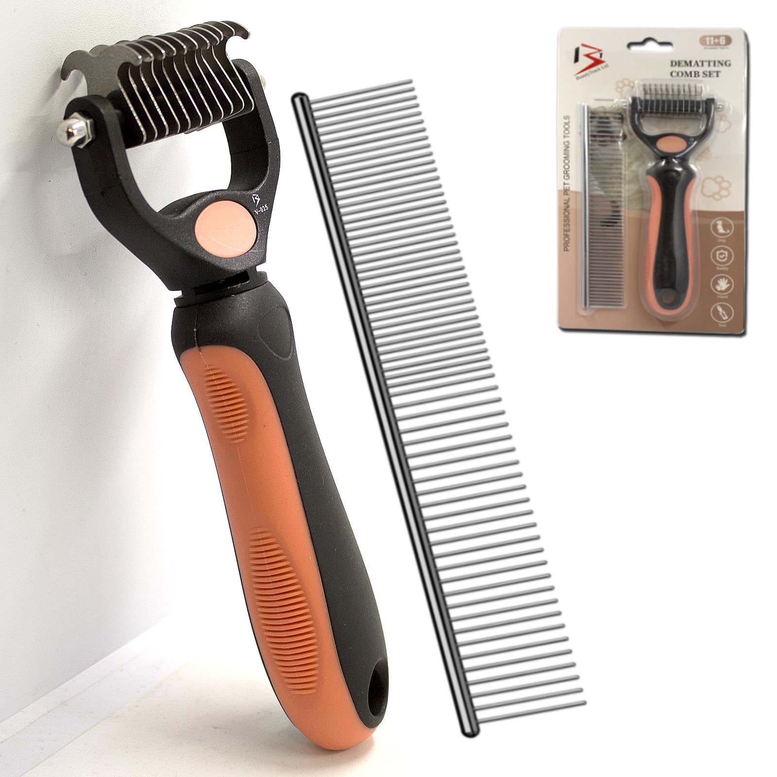 BeautyTrack Pet Dematting Comb Set, Dual-Sided Grooming Rake for Dogs and Cats, Professional Deshedding Tool with Stainless Steel Teeth, Pet Grooming Rake and Brushes for Small & Medium (Melon, S)