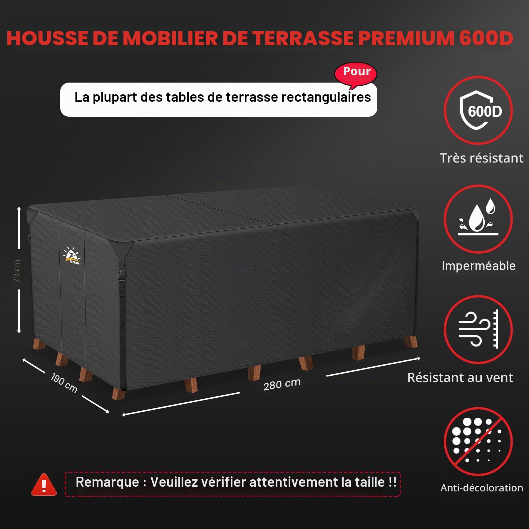 Zettum Housses pour Salons de Jardin 280 x 190 x 73 CM, Housse de Table Jardin Rectangulaire Imperméable Anti-UV 600D Tissu Oxford Bache Table Exterieur