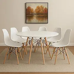 Conjunto de Mesa de Jantar Eames Eiffel Redonda 120cm Tampo de Madeira com 6 Cadeiras Eiffel Charles Eames (Branco)