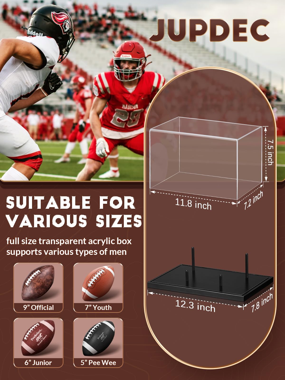 JupDec Vitrina de fútbol de tamaño completo, caja transparente de acrílico con soporte de madera, soporte de recuerdos con protección UV, para fanáticos del fútbol y coleccionistas, coleccionables