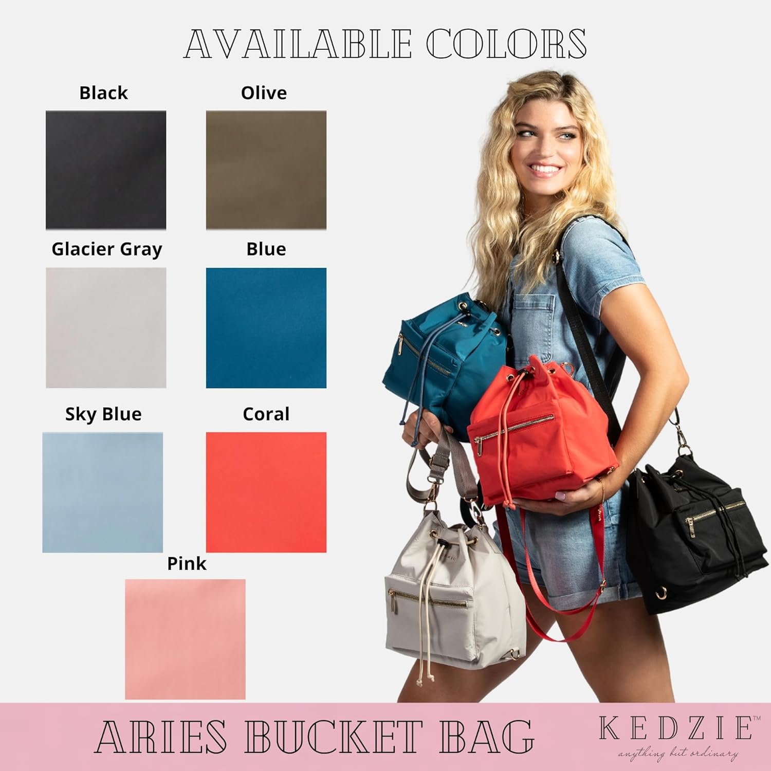 KEDZIE Aries Convertible Bucket Bag 3-Way Backpack Crossbody Strap Purse for Women