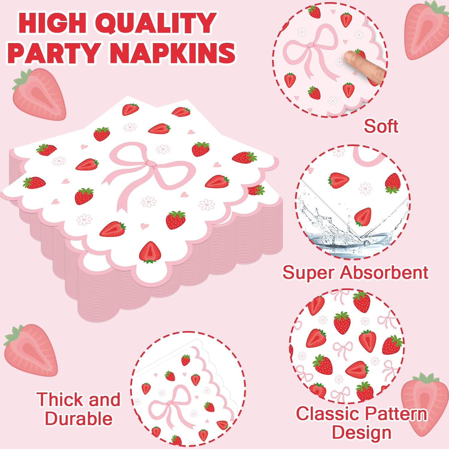 200Pcs Strawberry Scalloped Tableware Set Pink Bow Berry Party Supplies Sweet Strawberry Bow Plates Napkin and Forks Coquette Berry Party Decorations for Girls Baby Shower Wedding Birthday Severs 50