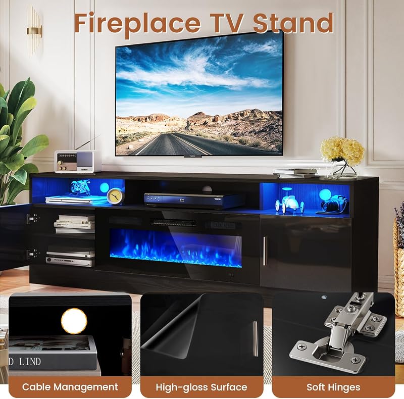 MXV 70" Fireplace TV Stand for TVs up to 80", Modern Entertainment Center with 36" Electric Fireplace, Built-in Power Outlet, 12-Color LED Lights, Black TV Console for Living Room, Black-Black image 3
