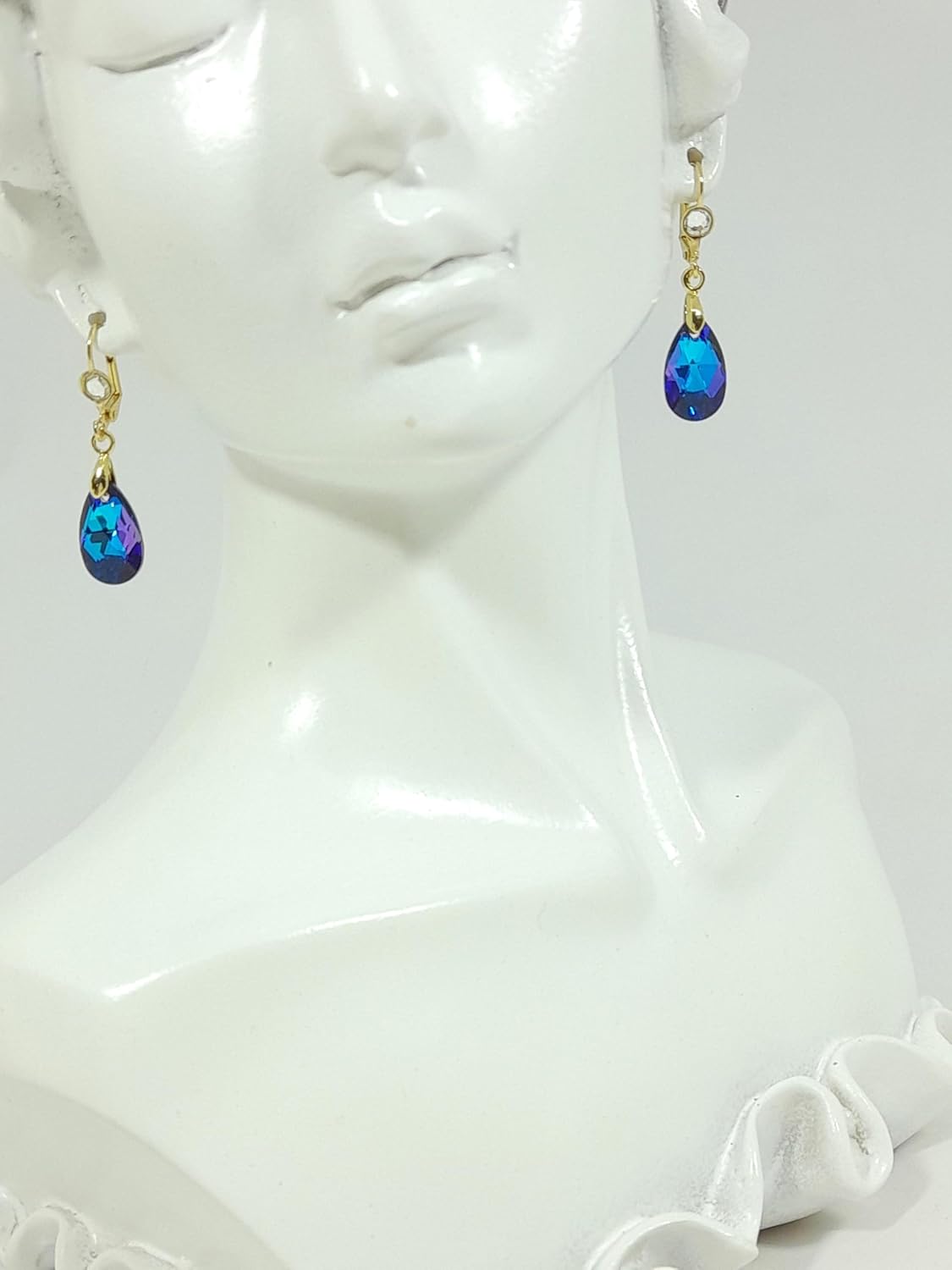 statement designed 14K Gold plated Earrings with Unique Original Austrian Crystals Lever back closure dangle 16 mm pear crystal Deep Blue - Image 2