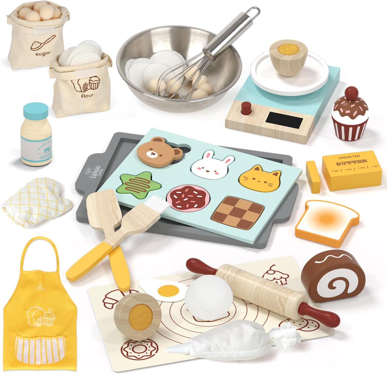 Lehoo CastleWooden Kitchen Toys, Play Food for Toddlers 3+ Year Old, Toy Food Set for Kids Kitchen, Play Baking Set, Play Kitchen Accessories, Montessori Toys, 3 Year Old Girl Gifts