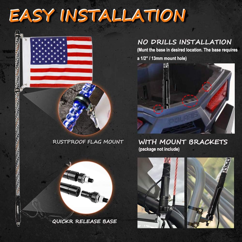 3FT RF Remote Control LED Whips Light with Dacning/Chasing Light with Hookup and American Flag for Off- Road Vehicle ATV UTV RZR Jeep Trucks Dunes - Image 4