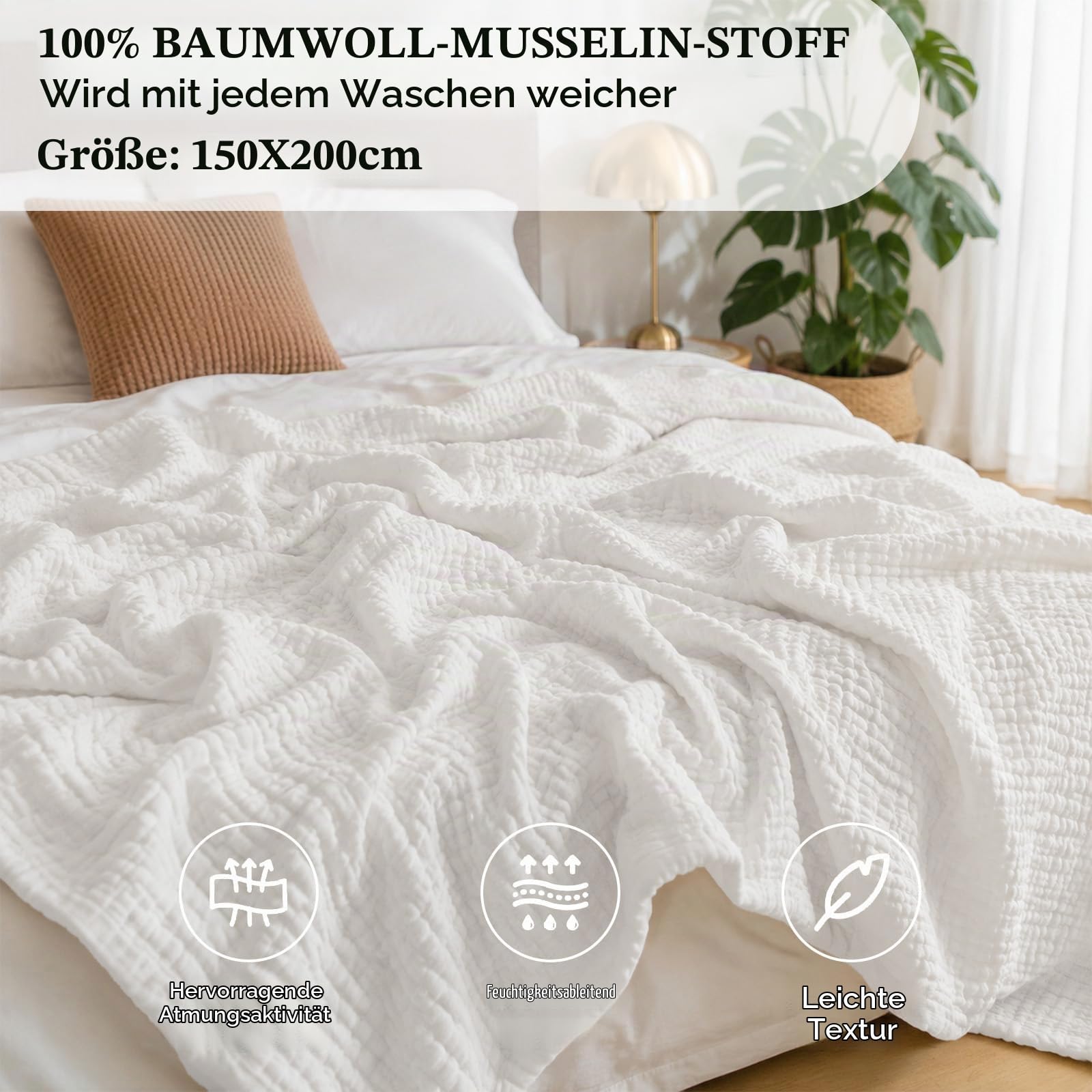 Musselin Decke, Muselindecke Erwachsene, Natürliche Throw Blanket Leichte Sanfte, Sommer Muslin Blanket as Cuddly Blanket, Bed, Kuscheldecke für Wohnzimmer (Weiß, 150 * 200CM)