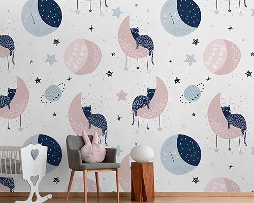 Miniatura 1 de Murwall Kids Wallpaper Cat Wall Mural Moon with Cute Sleeping Cat Wallpaper Child Room Boys and Girls Room
