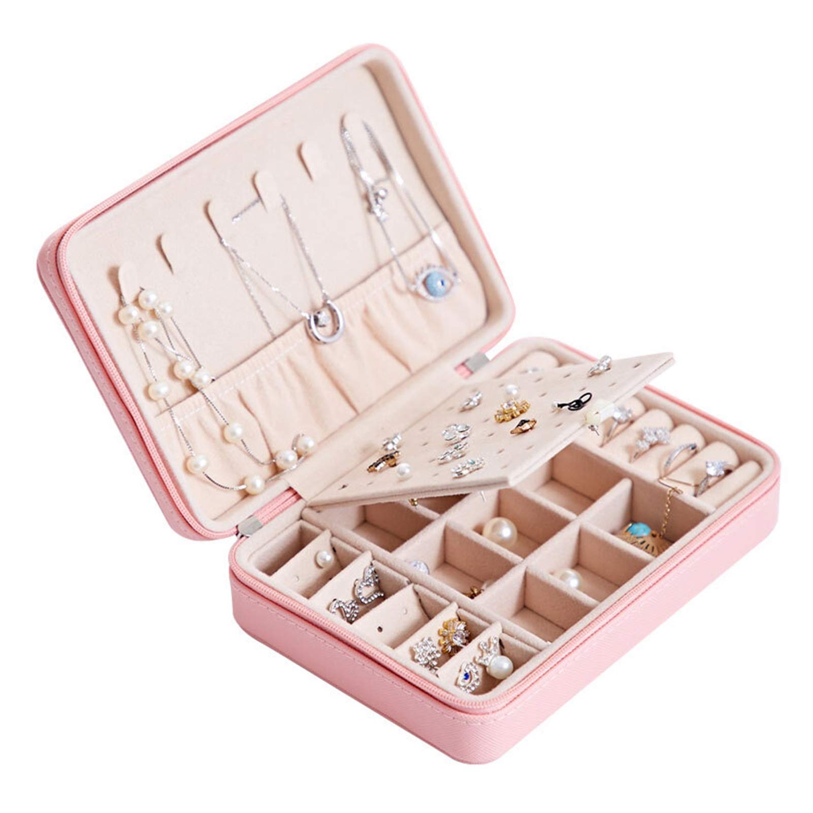 Caja de joyería portátil contra enredos: organizador de anillos y collares con cierre seguro