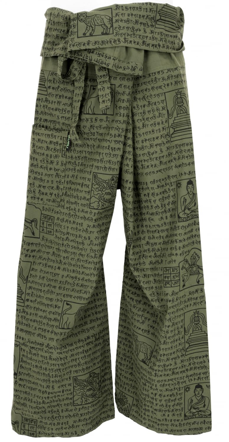 GURU SHOP Pantalones de pescador tailandeses con estampado de mantra de algodón tejido, pantalones de yoga, para hombre/mujer, verde, talla: talla única