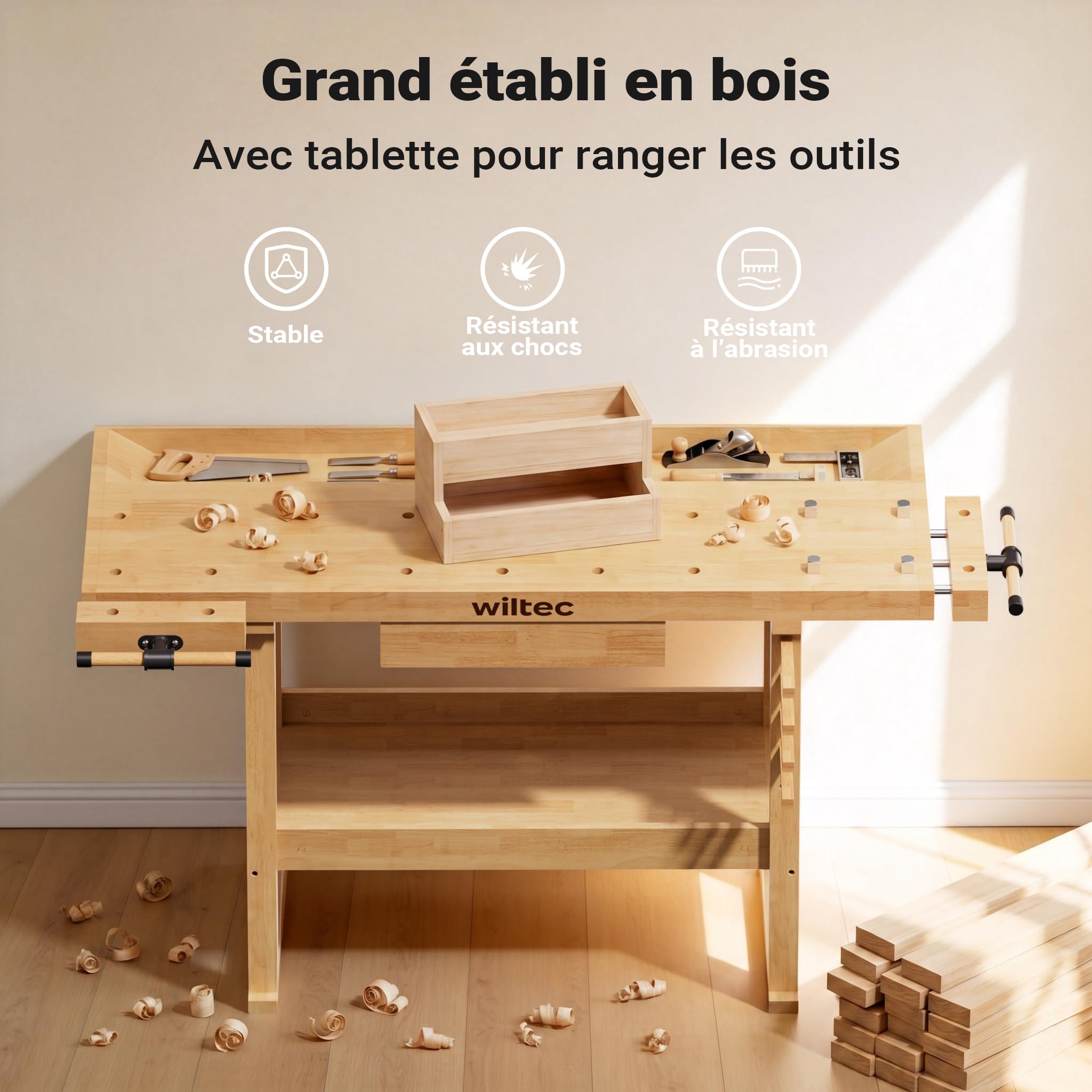 Wiltec Établi de Travail – en Hévéa/Rubberwood – 151 x 61,5 x 86 cm – avec Tiroir, Espace de Rangement, Pince et Crochet d’établi – pour aménagement, cousure – Banc de rabotage