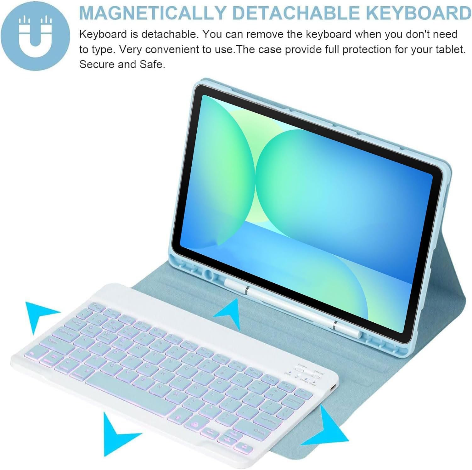 Keyboard Case for Samsung Galaxy Tab S10 Lite/S10 FE/S9 FE 10.9 Inch/Galaxy Tab S9 11 Inch 2023, Mouse and 7-Color Backlit Detachable Bluetooth Keyboard, Ultra-Thin Cover with S Pen Holder (Blue)