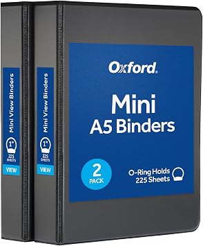 Oxford Mini View Binders, 1" Round Rings, Small Binders for School or Office, Holds A5 Size Paper, 2 Clear Pockets, PVC-Free, Non-Stick, 5.5 x 8.5 Inches, Holds 225 Sheets, Black, 2 Pack 1017044