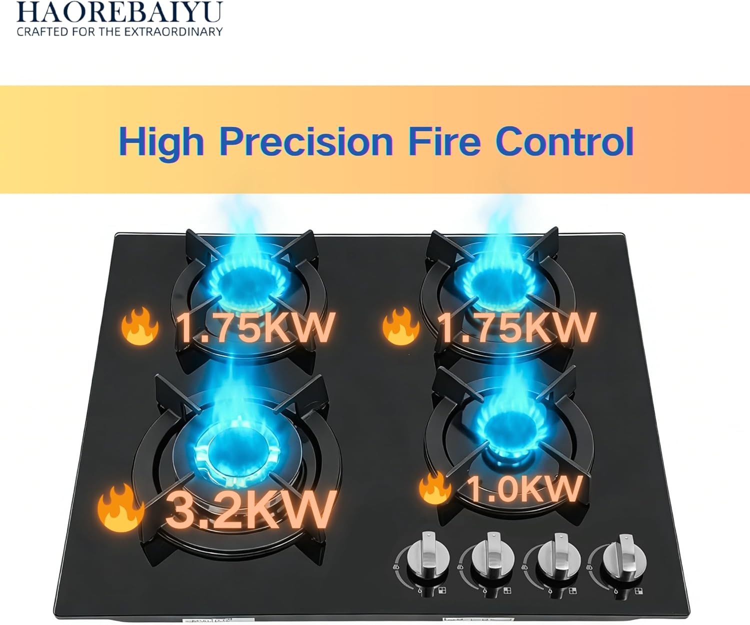 23Inch 4 Burner Built-In Lpg Gas Stovetop,Drop-In Gas Hob with Independent Control Knobs&Backfire Protection,Black Tempered GlassGas Cooktop