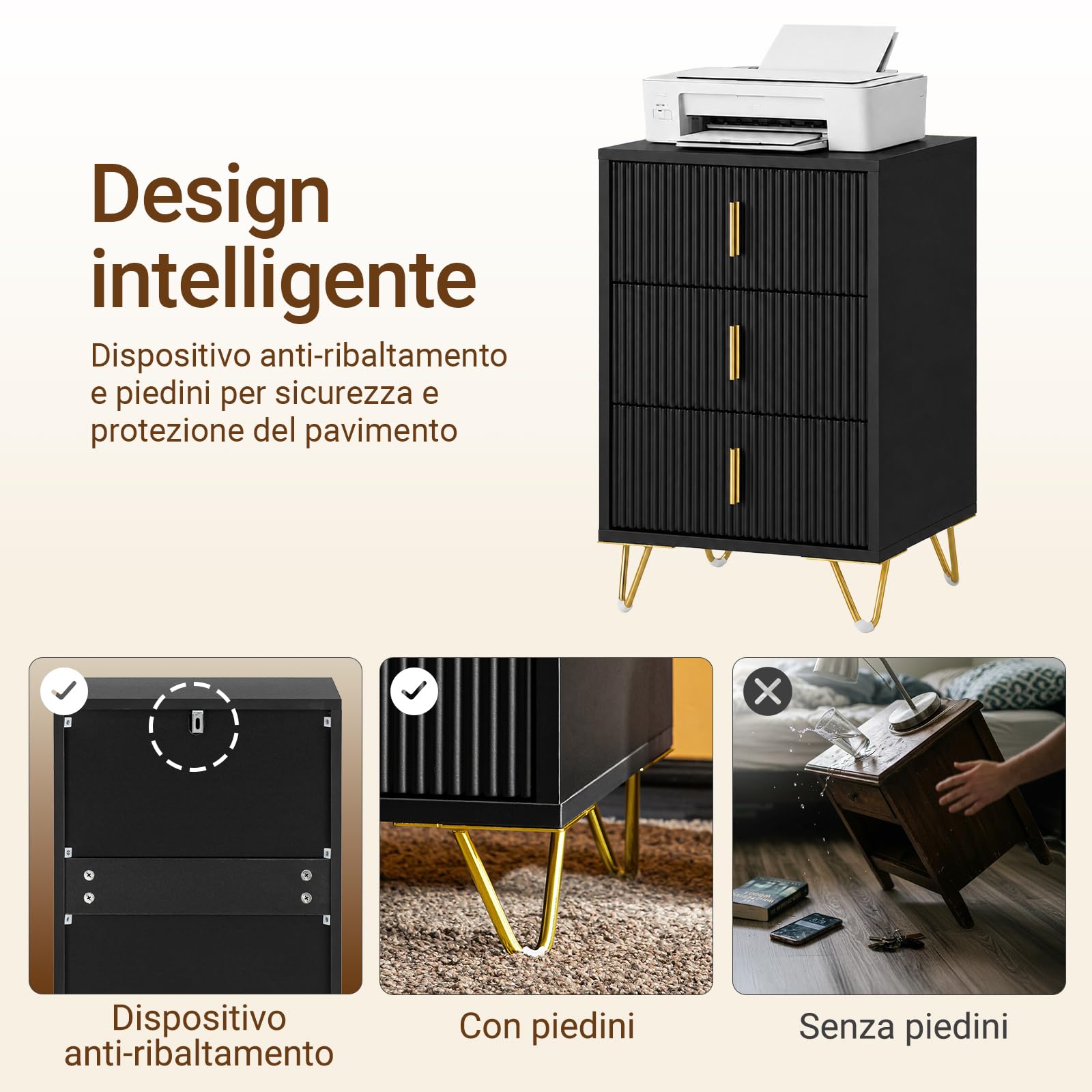 SoBuy Comodino camera da letto con 3 cassetti, 63 cm altezza ergonomica & 33 kg capacità, tavolino da letto per camera e soggiorno, ideale per piccoli spazi, nero, 40 x 40 x 63 cm, FBT115-L-SCH