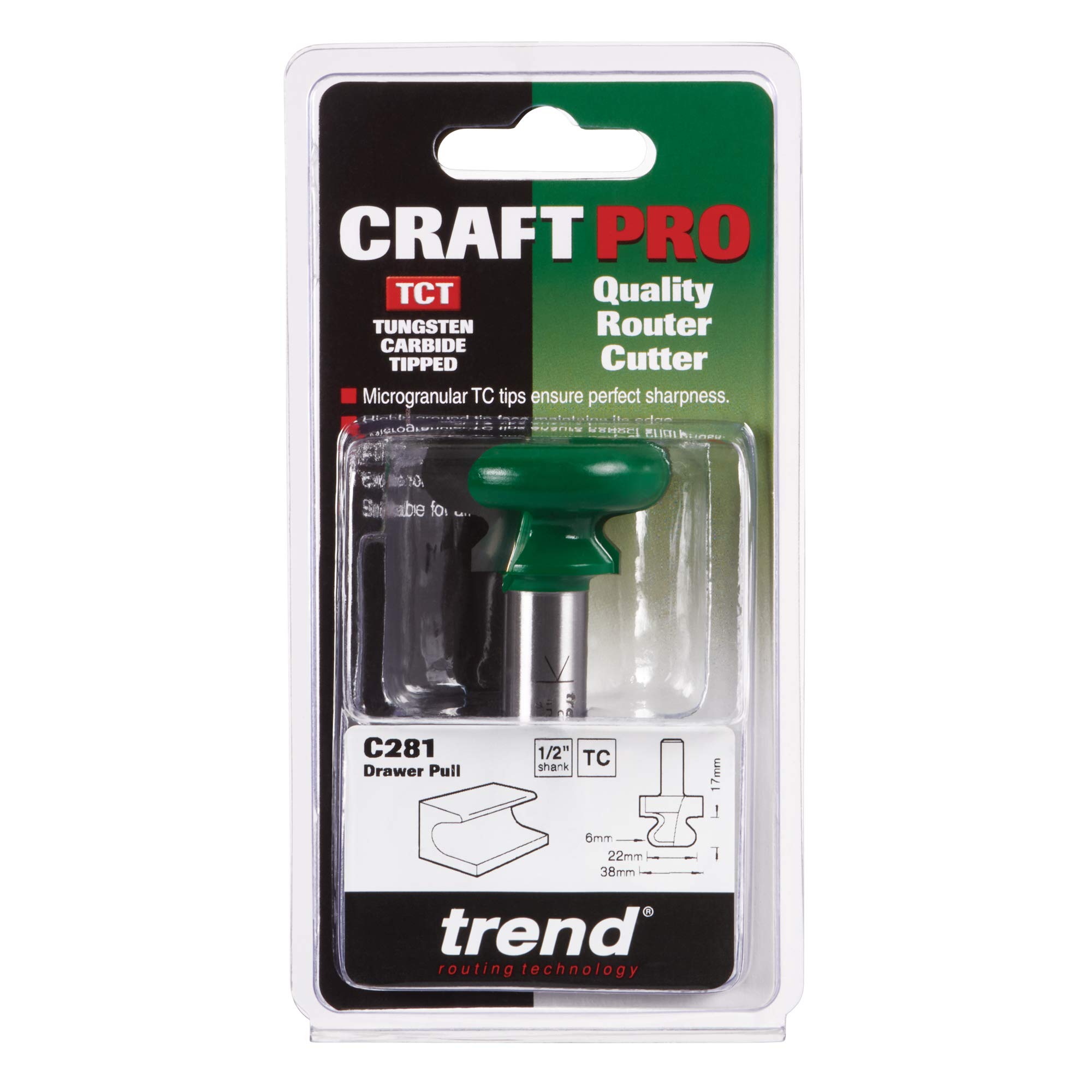Trend CraftPro frez do uchwytów szuflad 1/2" 38 mm, R6,3 | Gładkie profile uchwytów szuflad: ostrza TCT z węglika, promień 6,3 mm, chwyt 1/2", 38 mm, C281X1/2TC