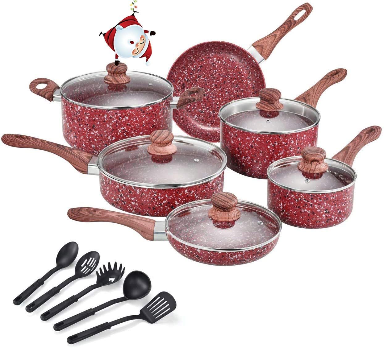 CSK Nonstick Cookware Set – Pots and Pans Set w/ Red Granite Derived Coating, Induction Compatible, w/ Bakelite Handle and...