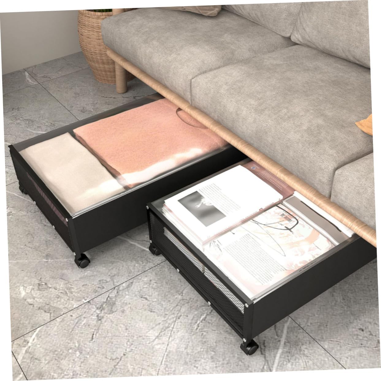 Under Bed Storage Container with Wheels Large Capacity Multifunctional Clothes and Organizer Box Dustproof Bedroom Storage Bin Black Transparent Lid